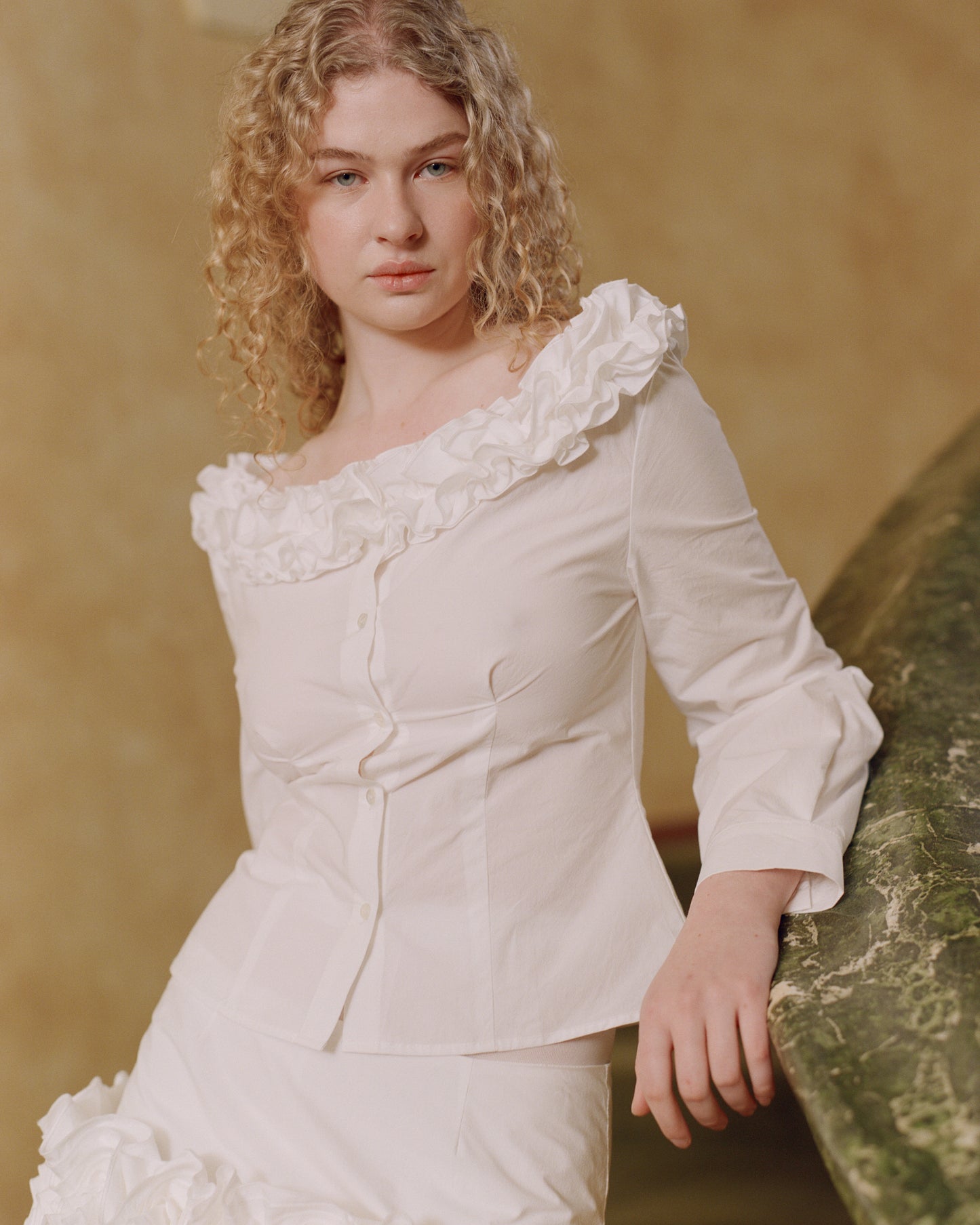 Ruffle Neck Corset Blouse - White