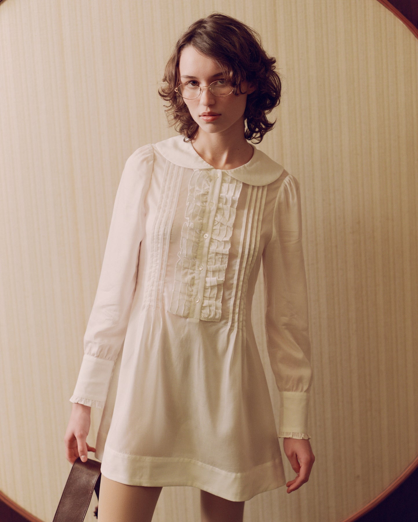 Ruffle Placket Mini Dress - White