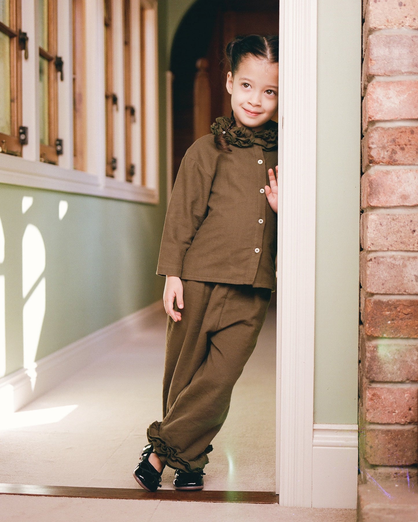 Mini Flannel Ruffle Pant - Eucalyptus