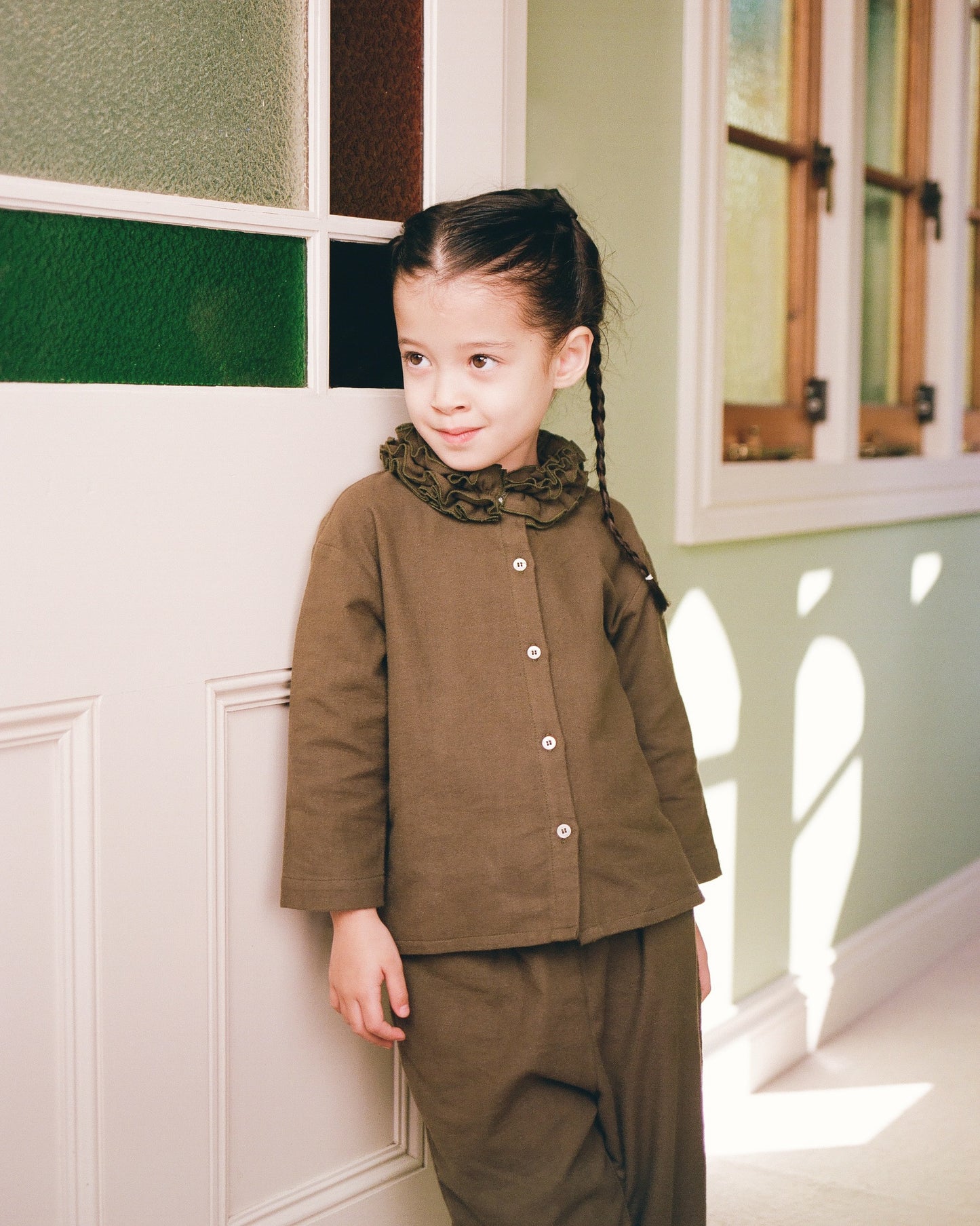 Mini Flannel Ruffle Blouse - Eucalyptus