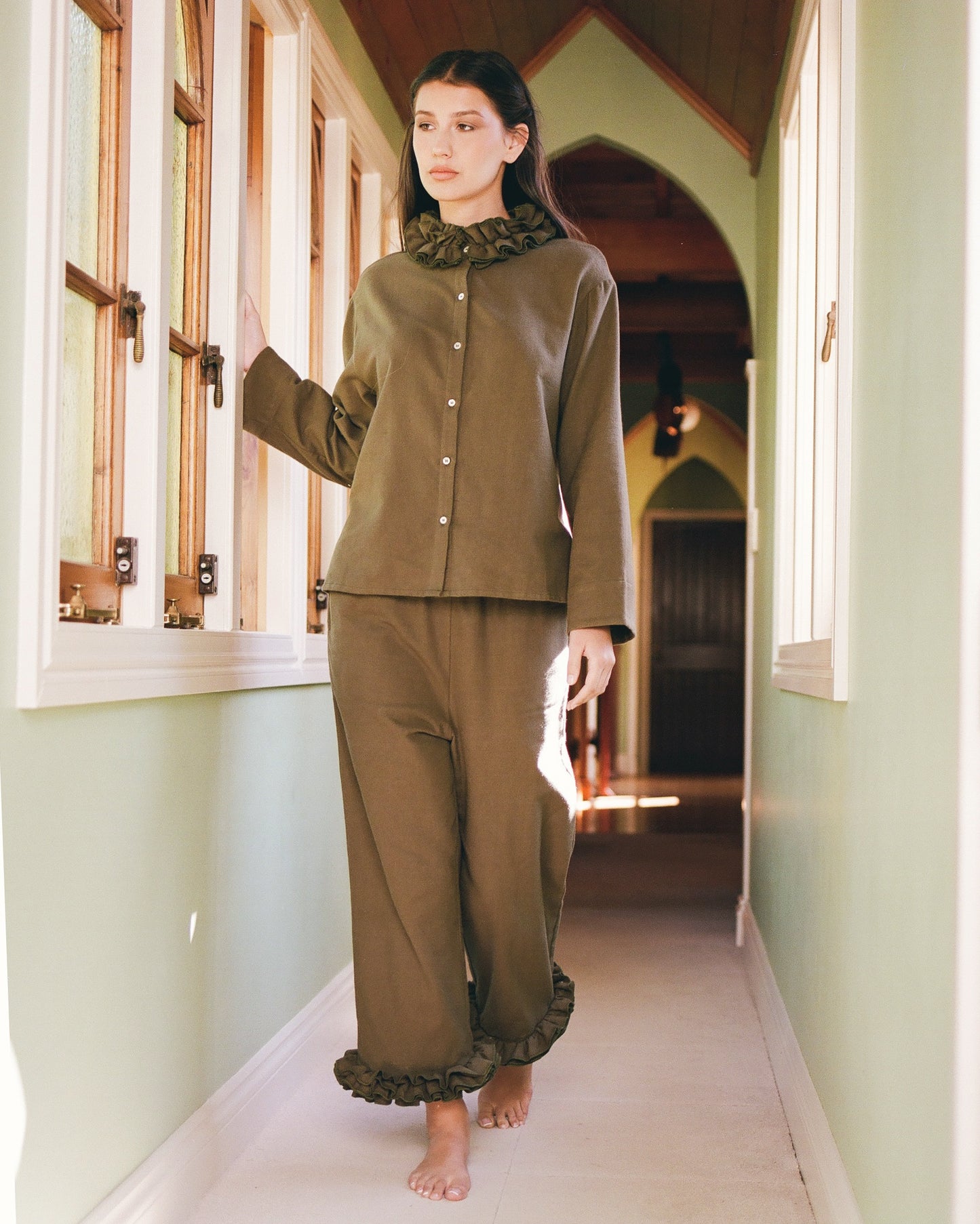 Flannel Ruffle Blouse - Eucalyptus