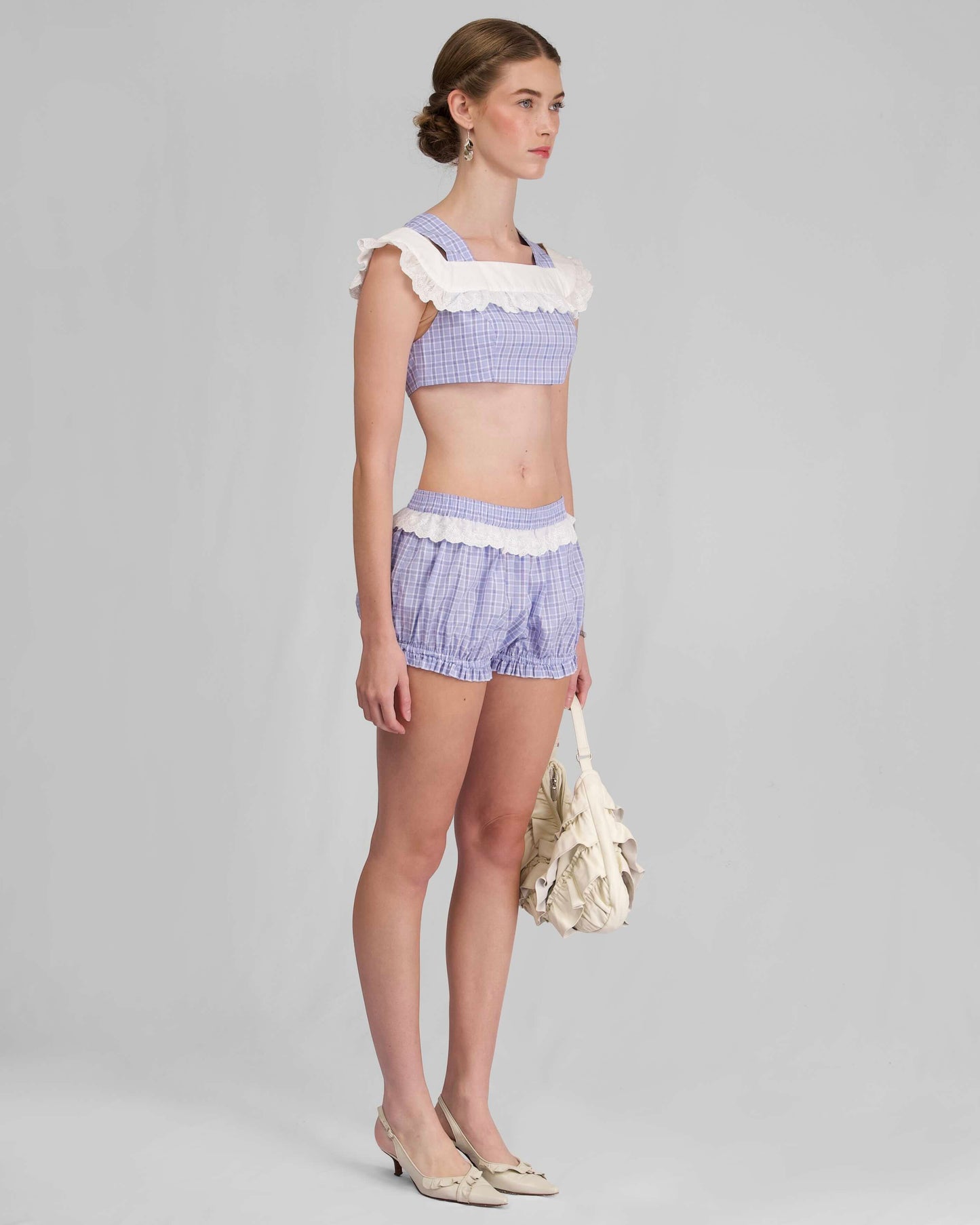 Lace Waist Bloomer Shorts - Sky Blue Check