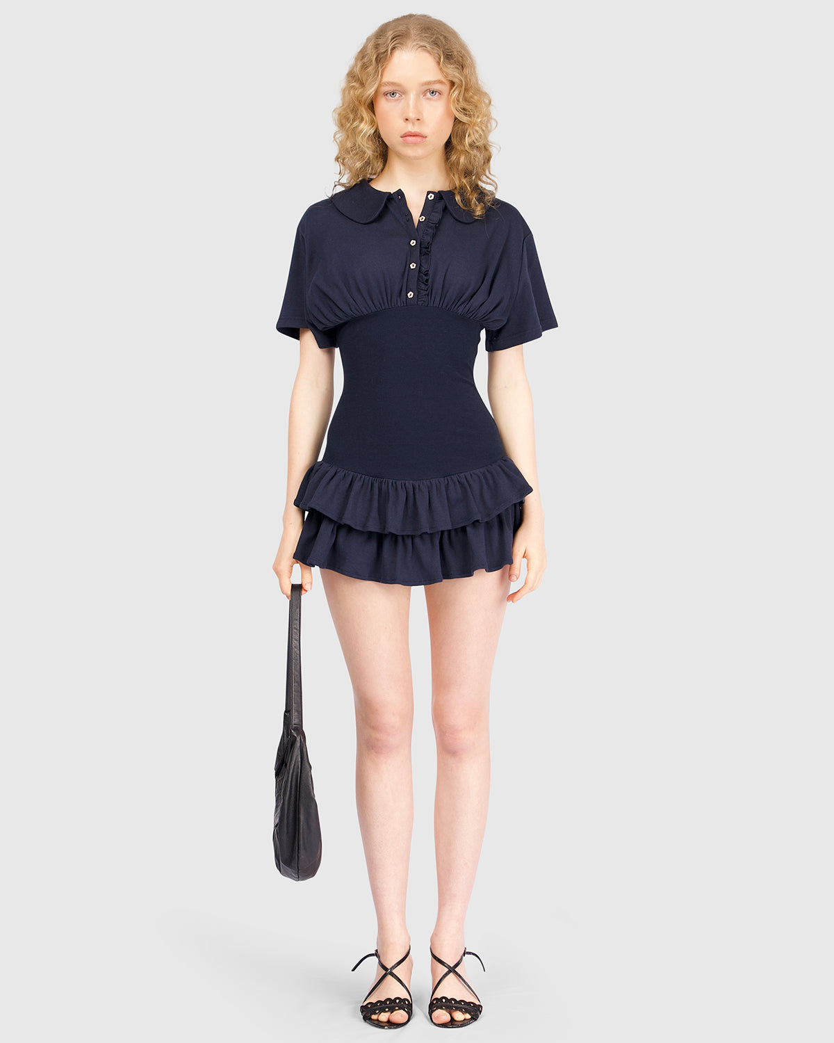 Collar Fitted Frill Dress - Navy