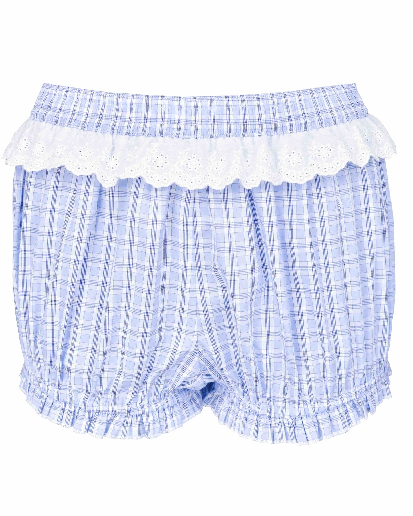 Lace Waist Bloomer Shorts - Sky Blue Check