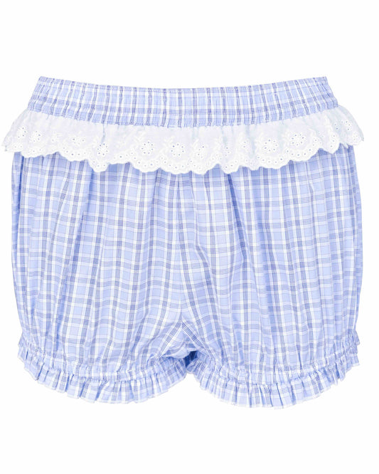 Lace Waist Bloomer Shorts - Sky Blue Check