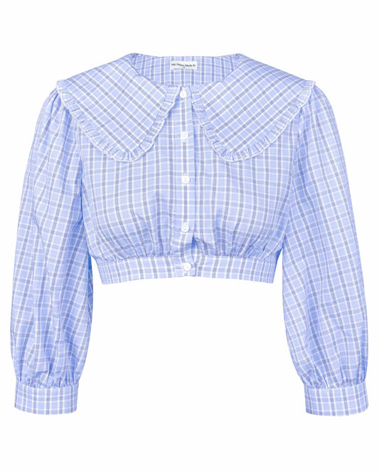 Collar Crop Blouse - Sky Blue Check