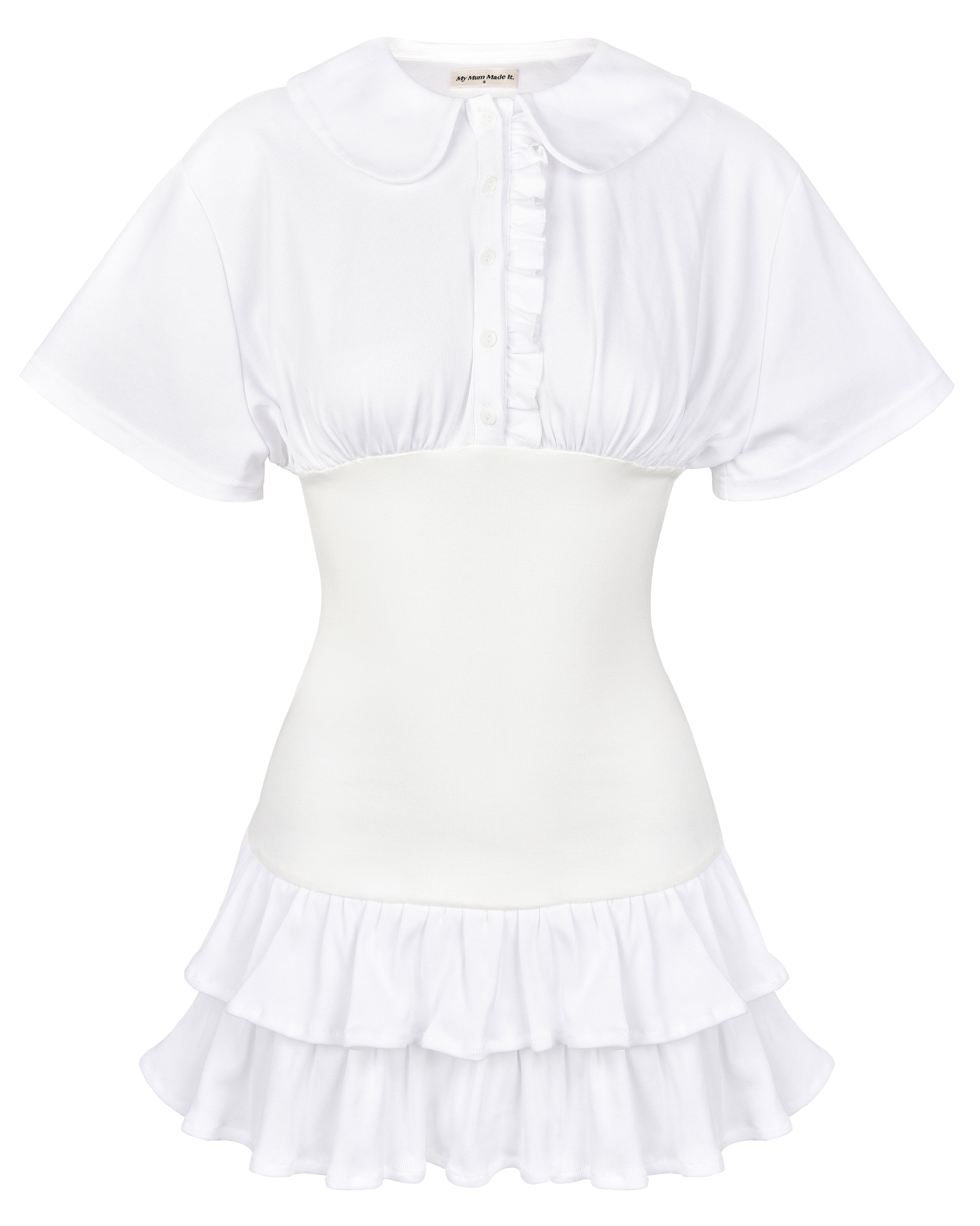 Collar Fitted Frill Dress - White S Collar Fitted Frill Dress - White S