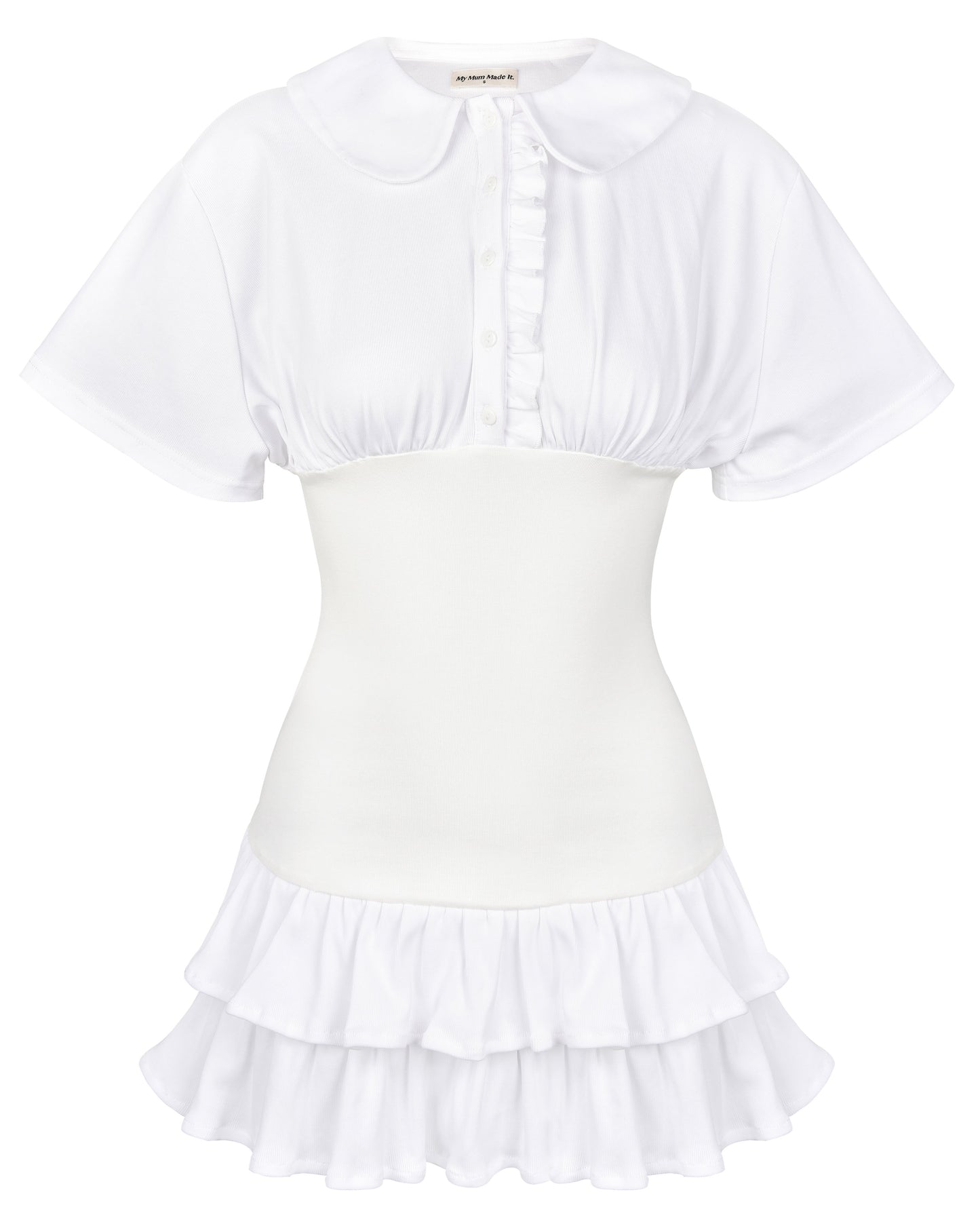 Collar Fitted Frill Dress - White