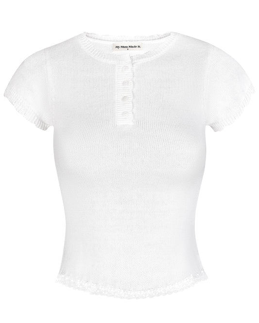 Lace Knit Button Top - White