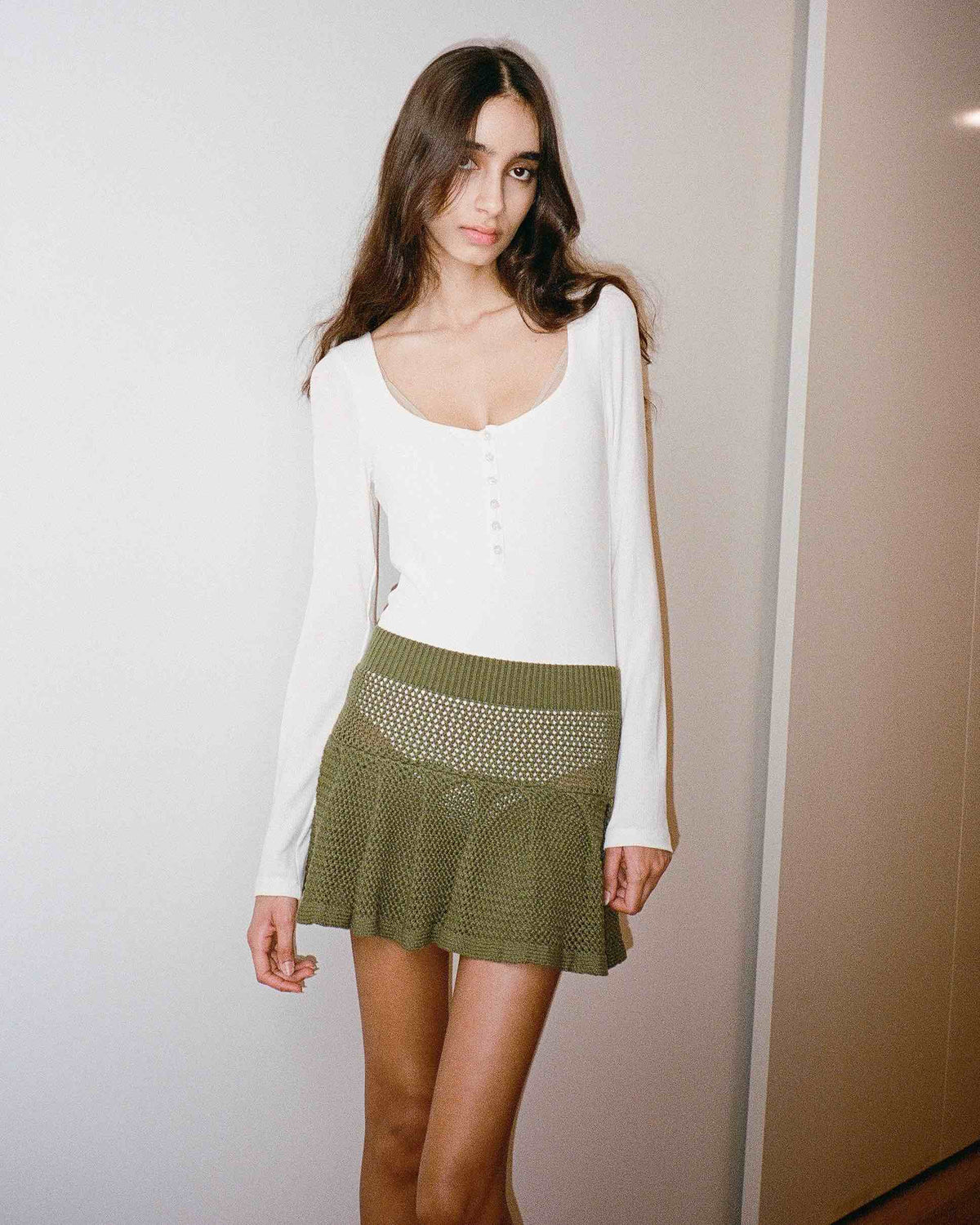 Crochet Pleat Mini Skirt - Moss