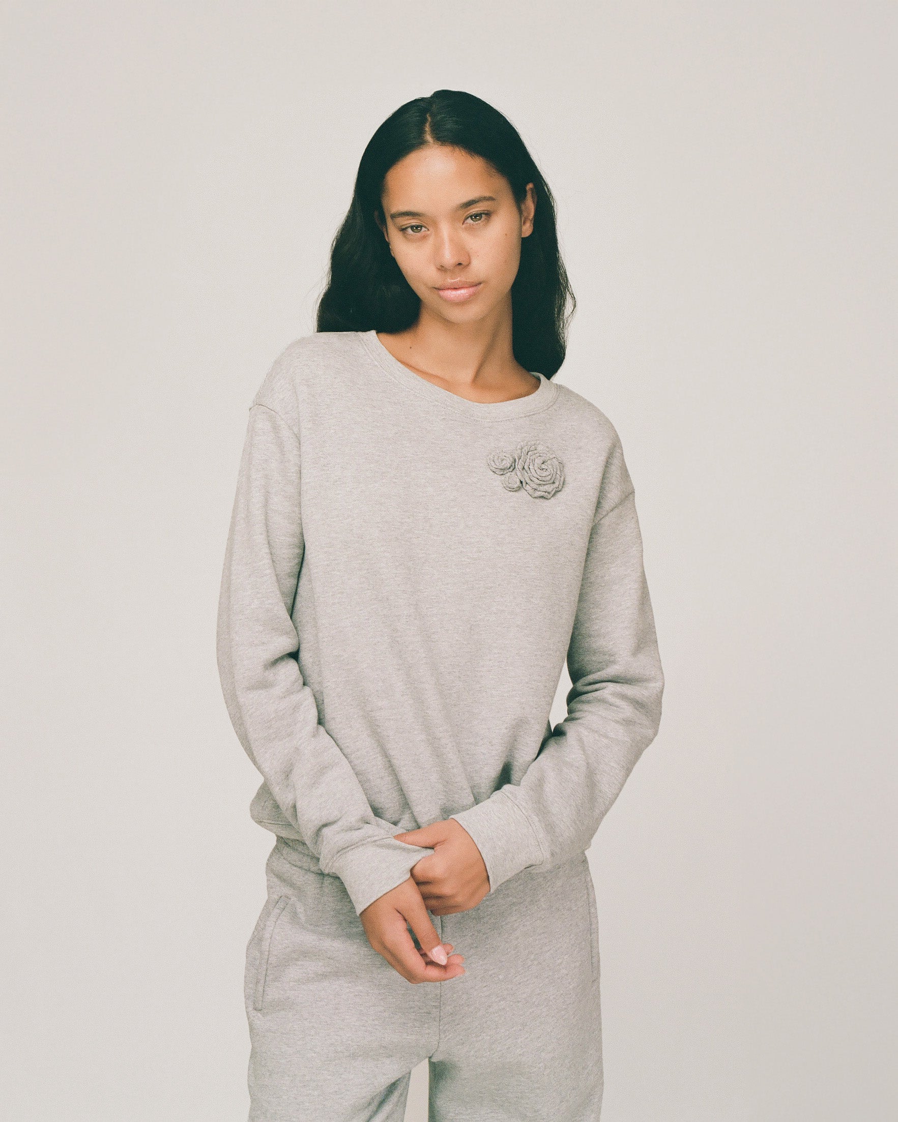 Tops: Rosette Zipper Hooded Sweatshirt - Grey - My mum made it