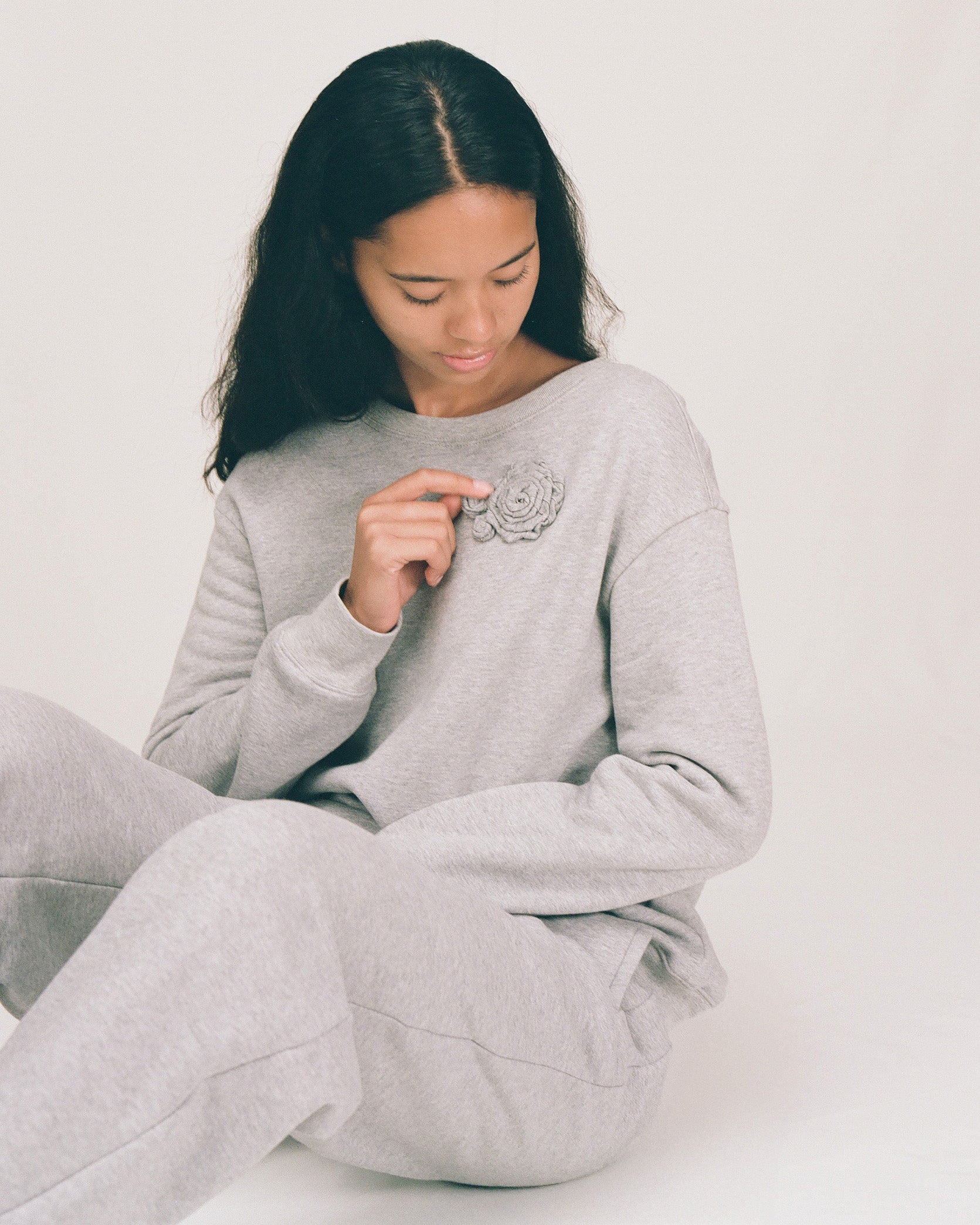 Tops: Rosette Zipper Hooded Sweatshirt - Grey - My mum made it
