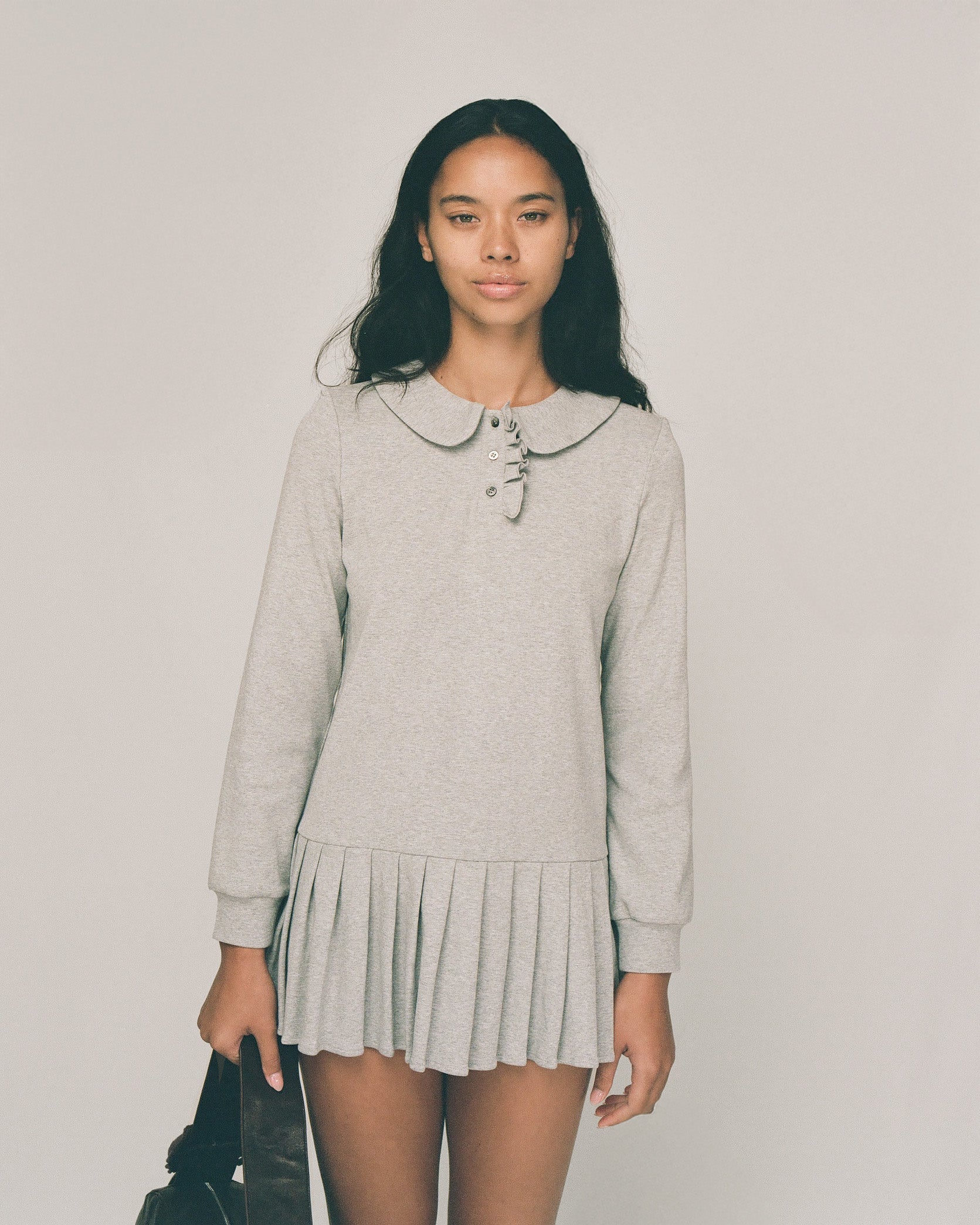 Dresses: Polo Mini Long Sleeve Pleat Dress - Grey - My mum made it L Dresses: Polo Mini Long Sleeve Pleat Dress - Grey - My mum made it L