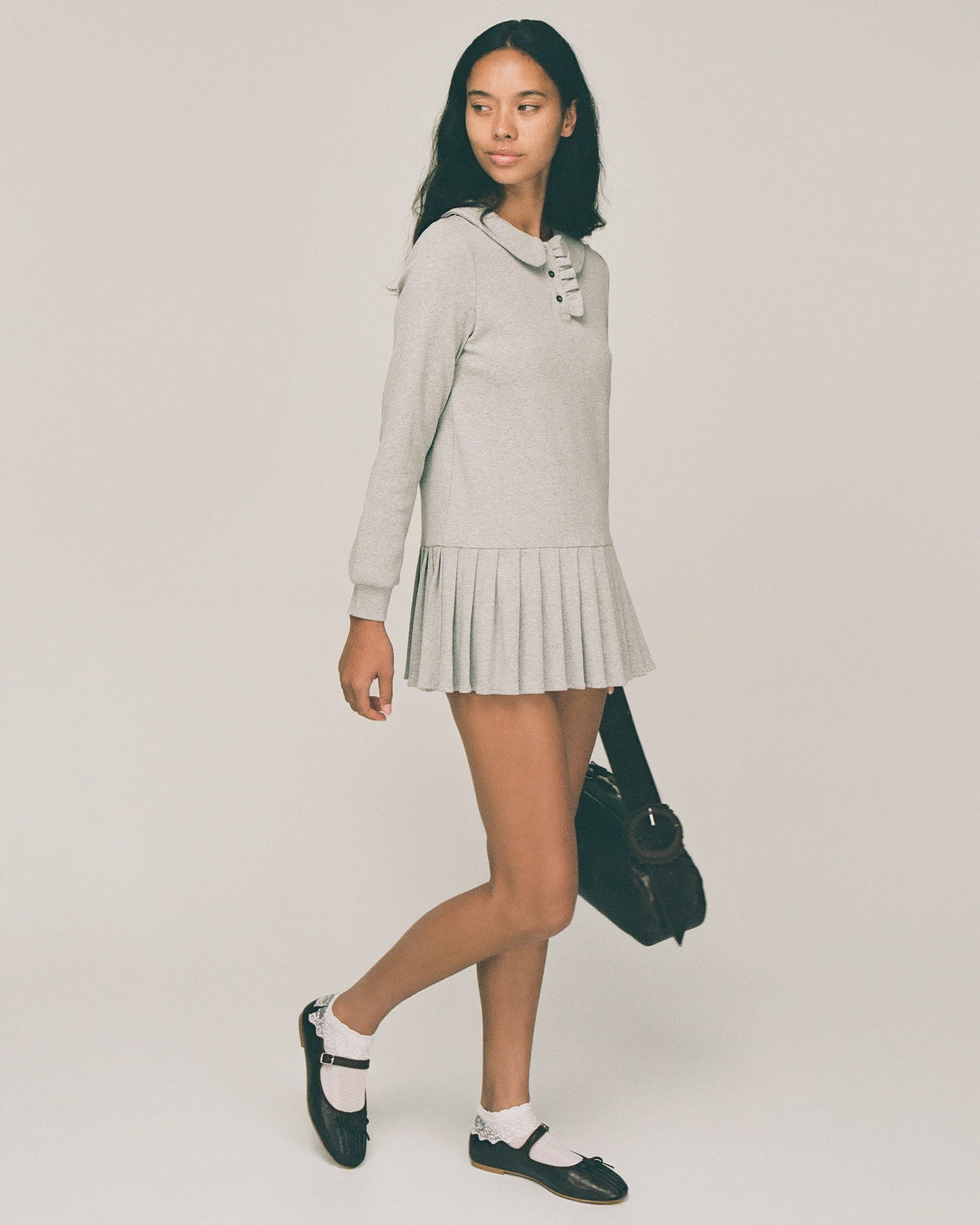 Polo Mini Long Sleeve Pleat Dress - Grey