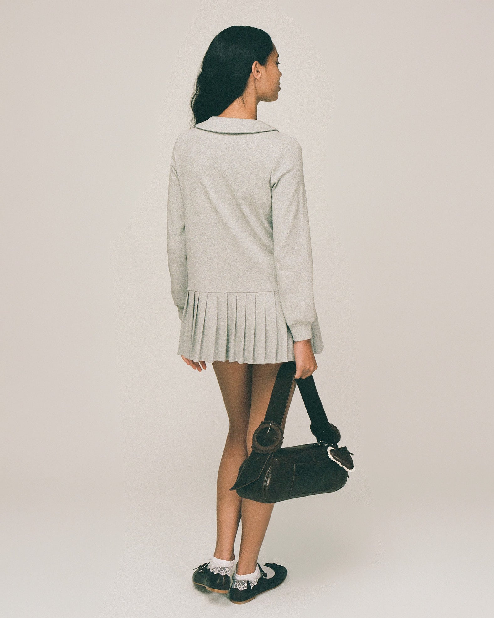 Dresses: Polo Mini Long Sleeve Pleat Dress - Grey - My mum made it L Dresses: Polo Mini Long Sleeve Pleat Dress - Grey - My mum made it L