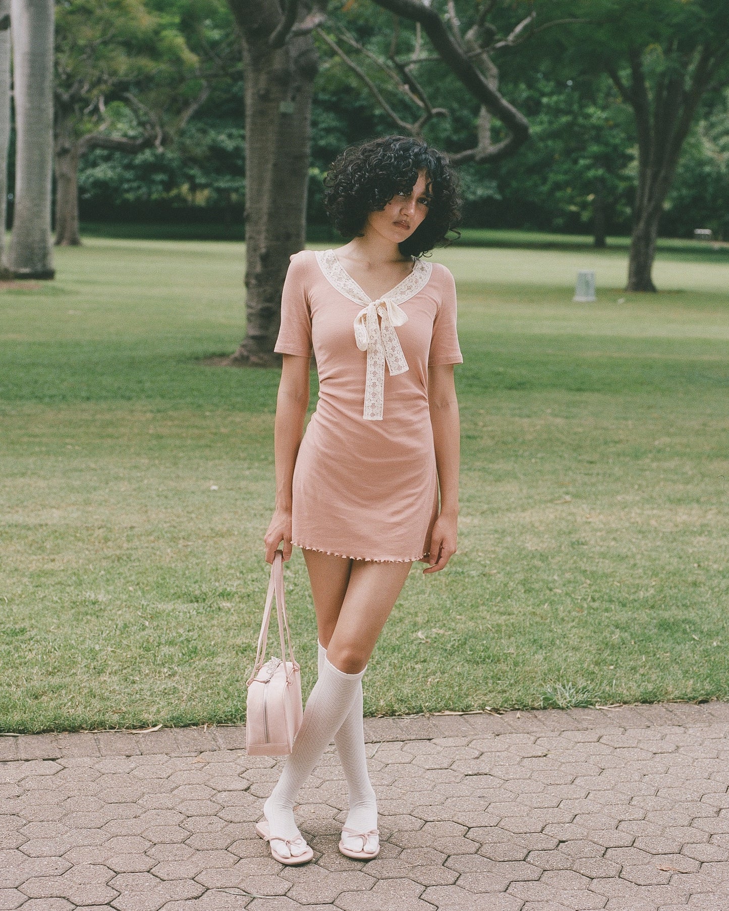 Lace Bow Mini Dress - Rose Veil