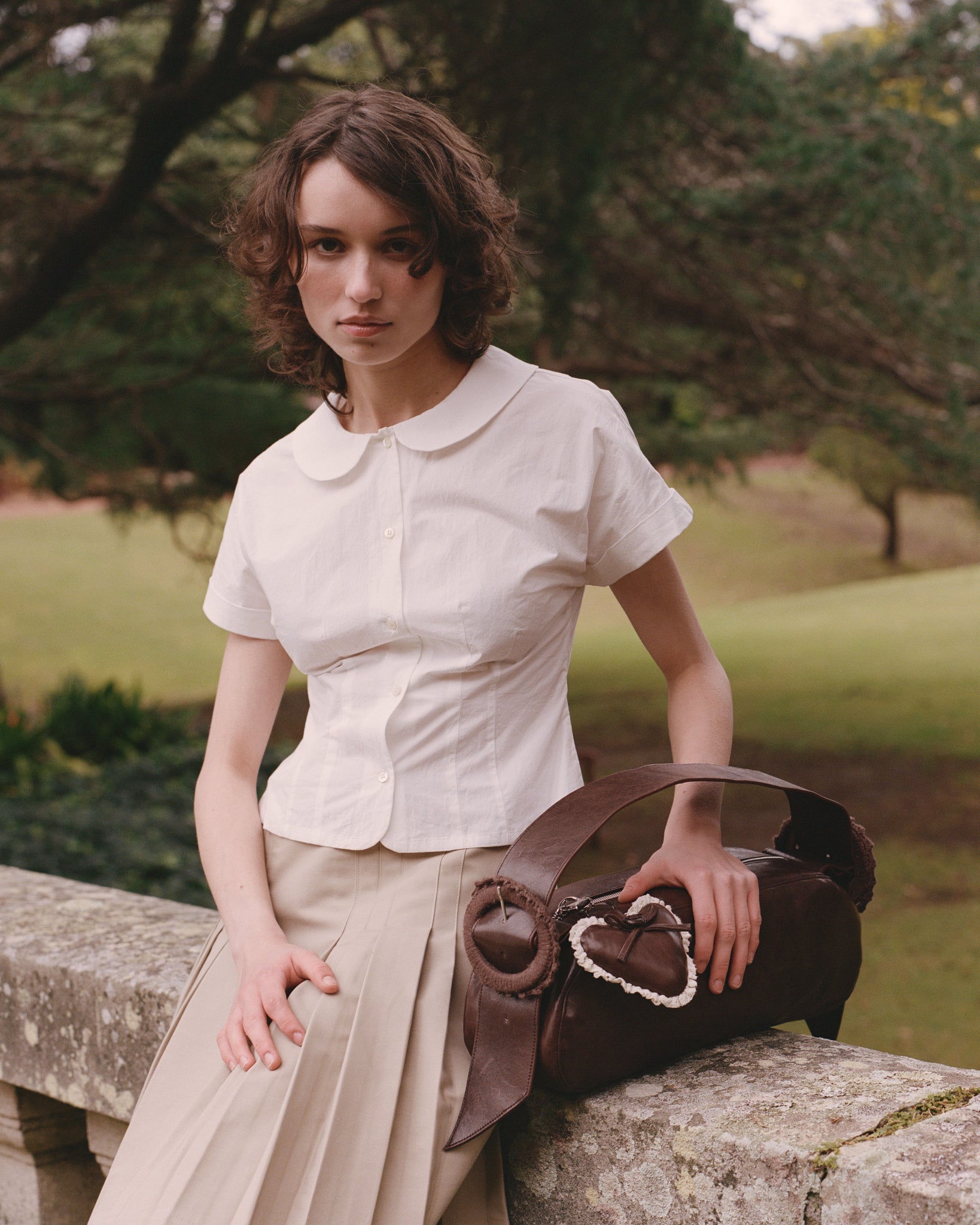 Curved Collar Cap Sleeve Shirt - White