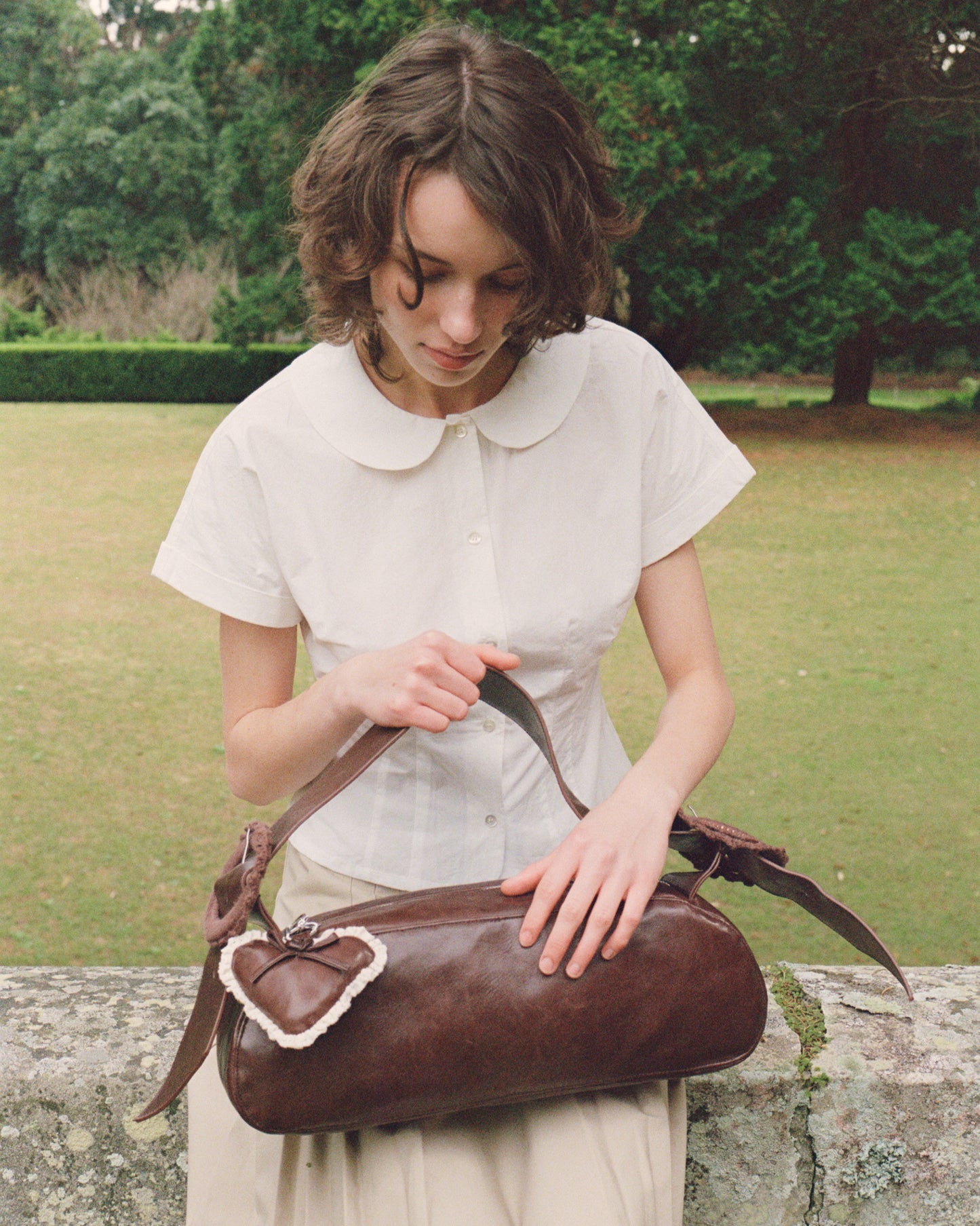 Curved Collar Cap Sleeve Shirt - White