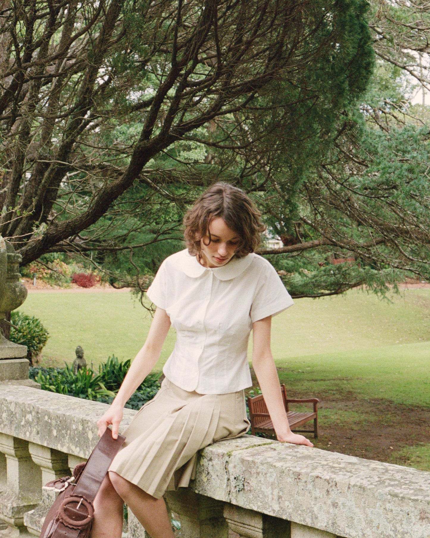 Curved Collar Cap Sleeve Shirt - White