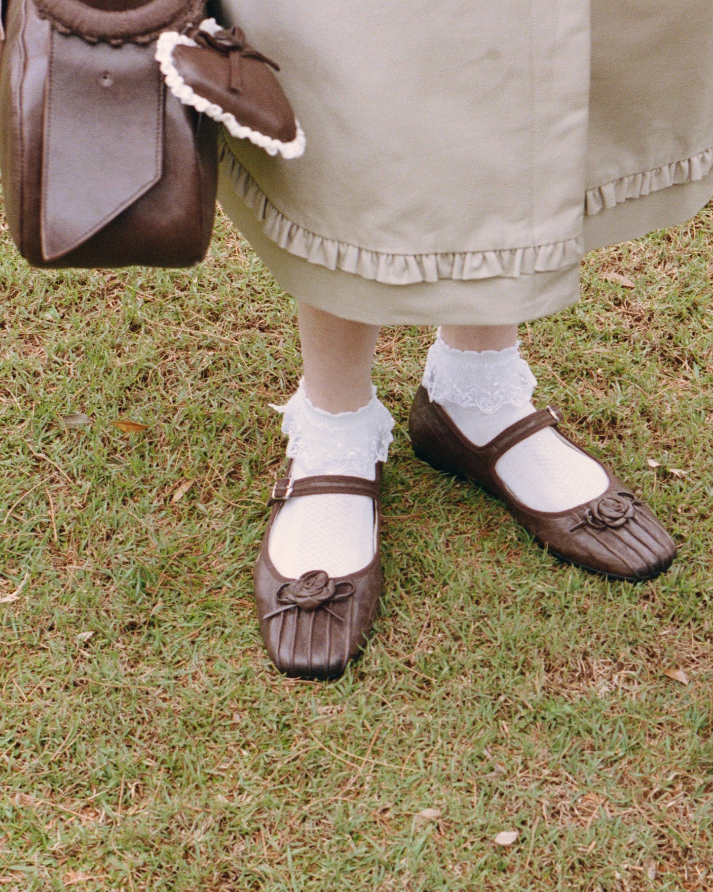 Rosette Leather Mary Janes - Saddle