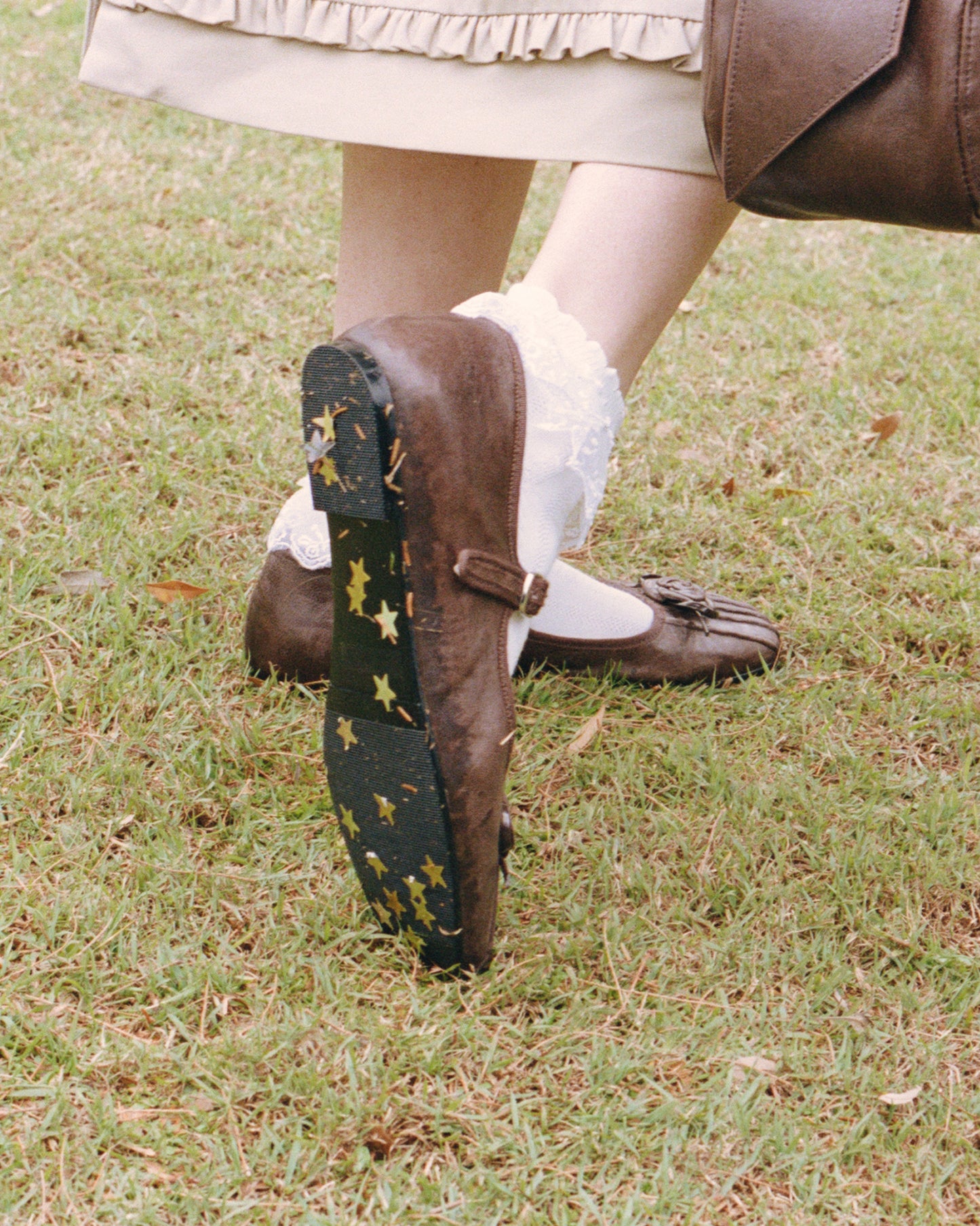 Rosette Leather Mary Janes - Saddle