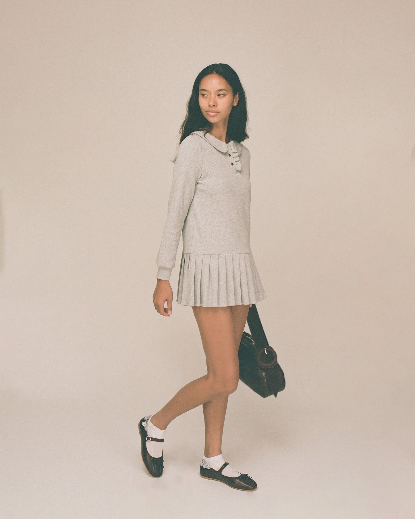 Polo Mini Long Sleeve Pleat Dress - Grey