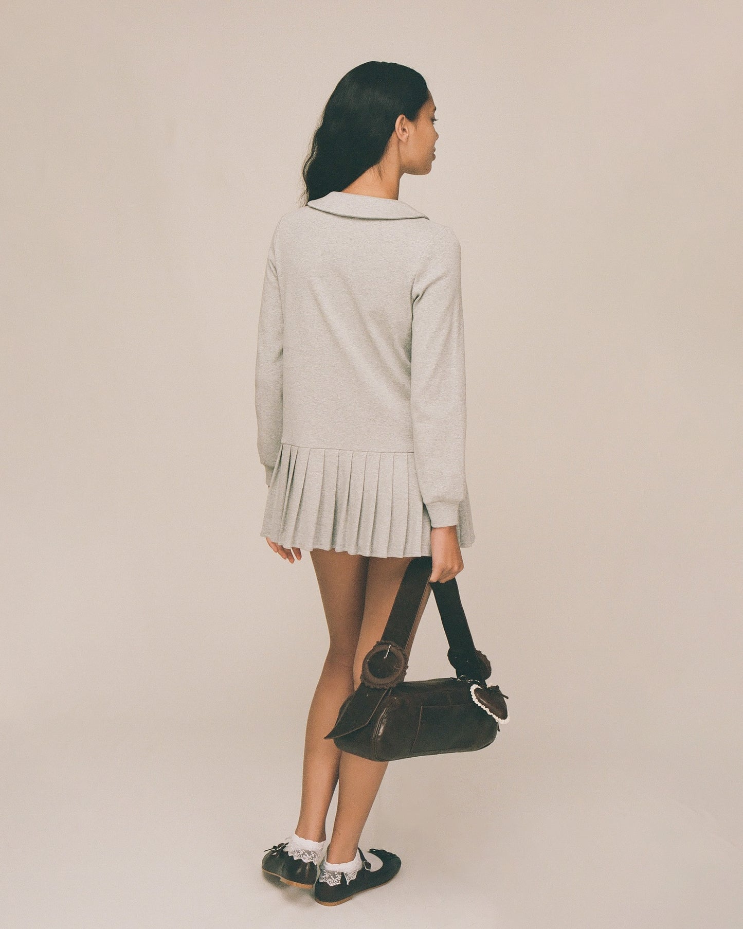 Polo Mini Long Sleeve Pleat Dress - Grey