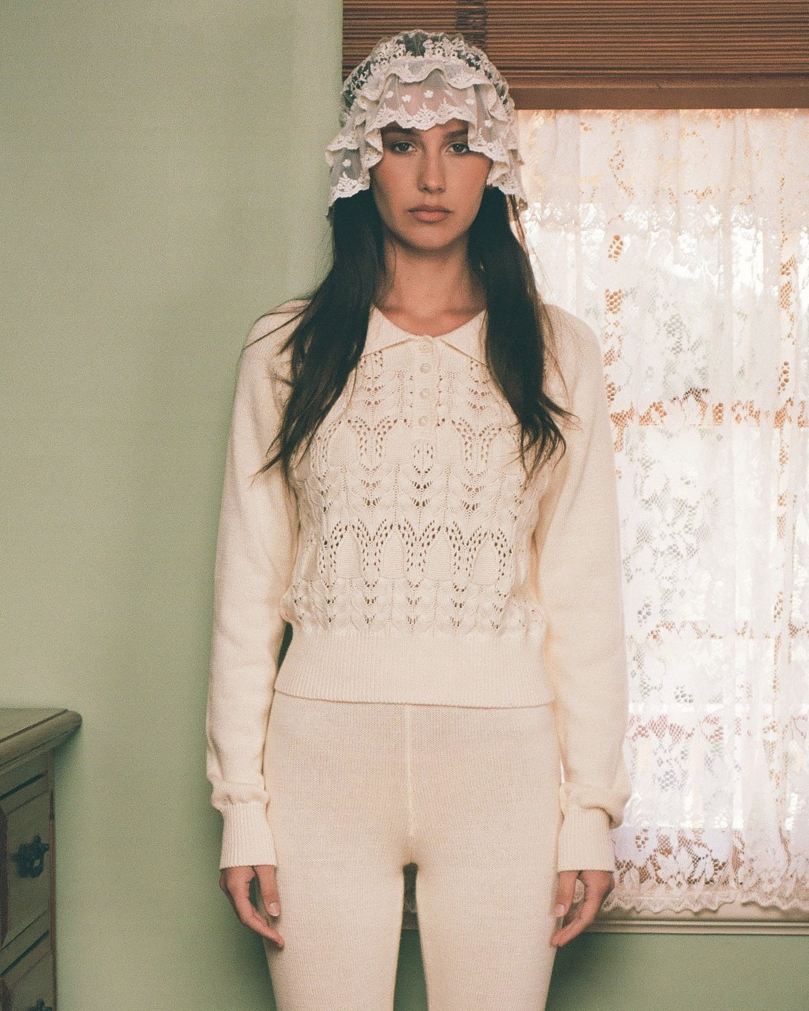 Buttoned Lace Knit Pullover - Porcelain