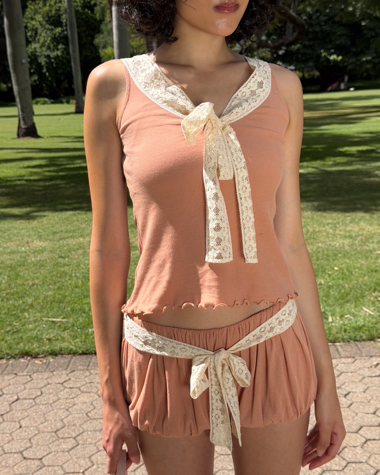 Lace Bow Tank - Rose Veil