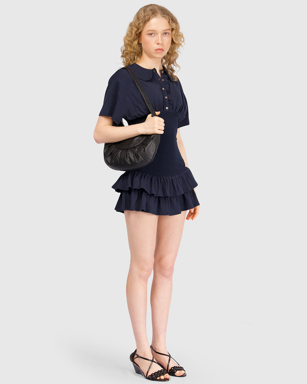 Short Sleeve Wrap Frill Curve Dress Navy