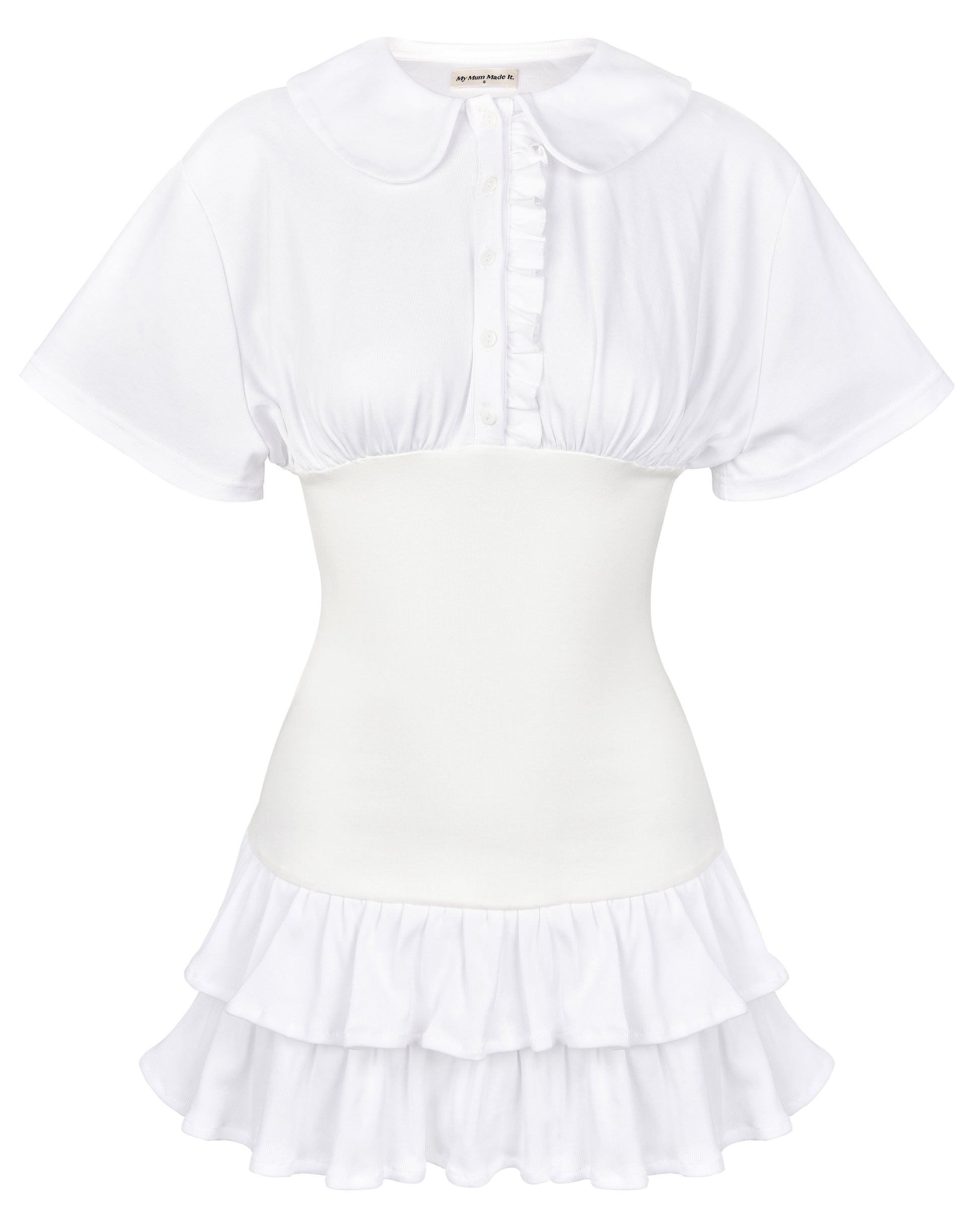 Collar Fitted Frill Dress - White S Collar Fitted Frill Dress - White S