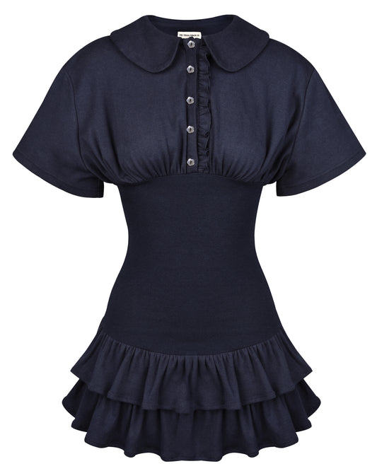Collar Fitted Frill Dress - Navy