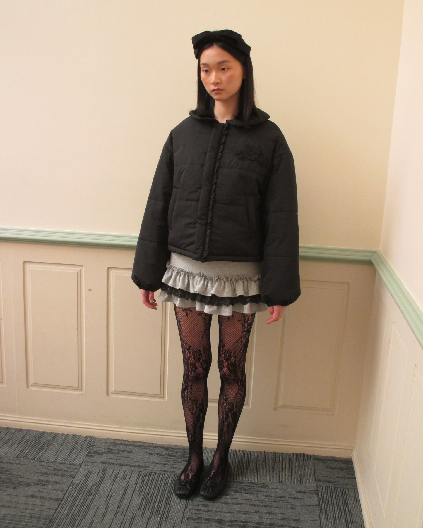 Rosette Puffer Jacket - Black