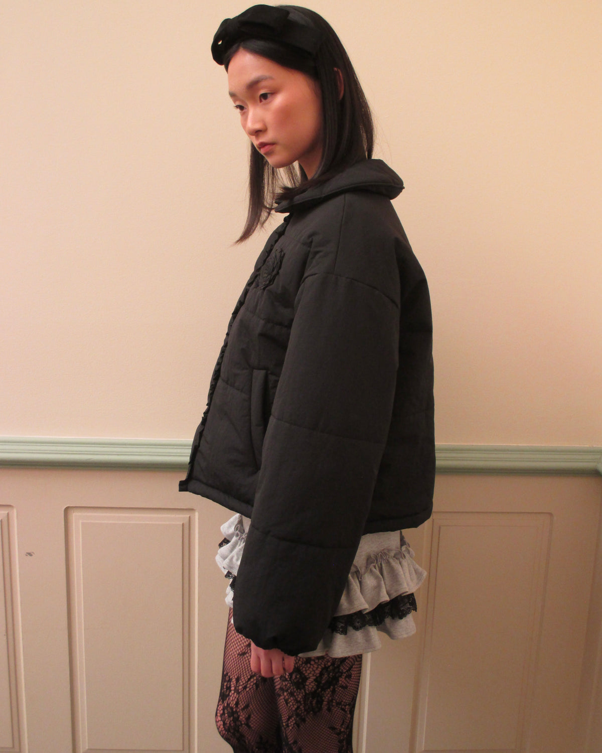 Rosette Puffer Jacket - Black