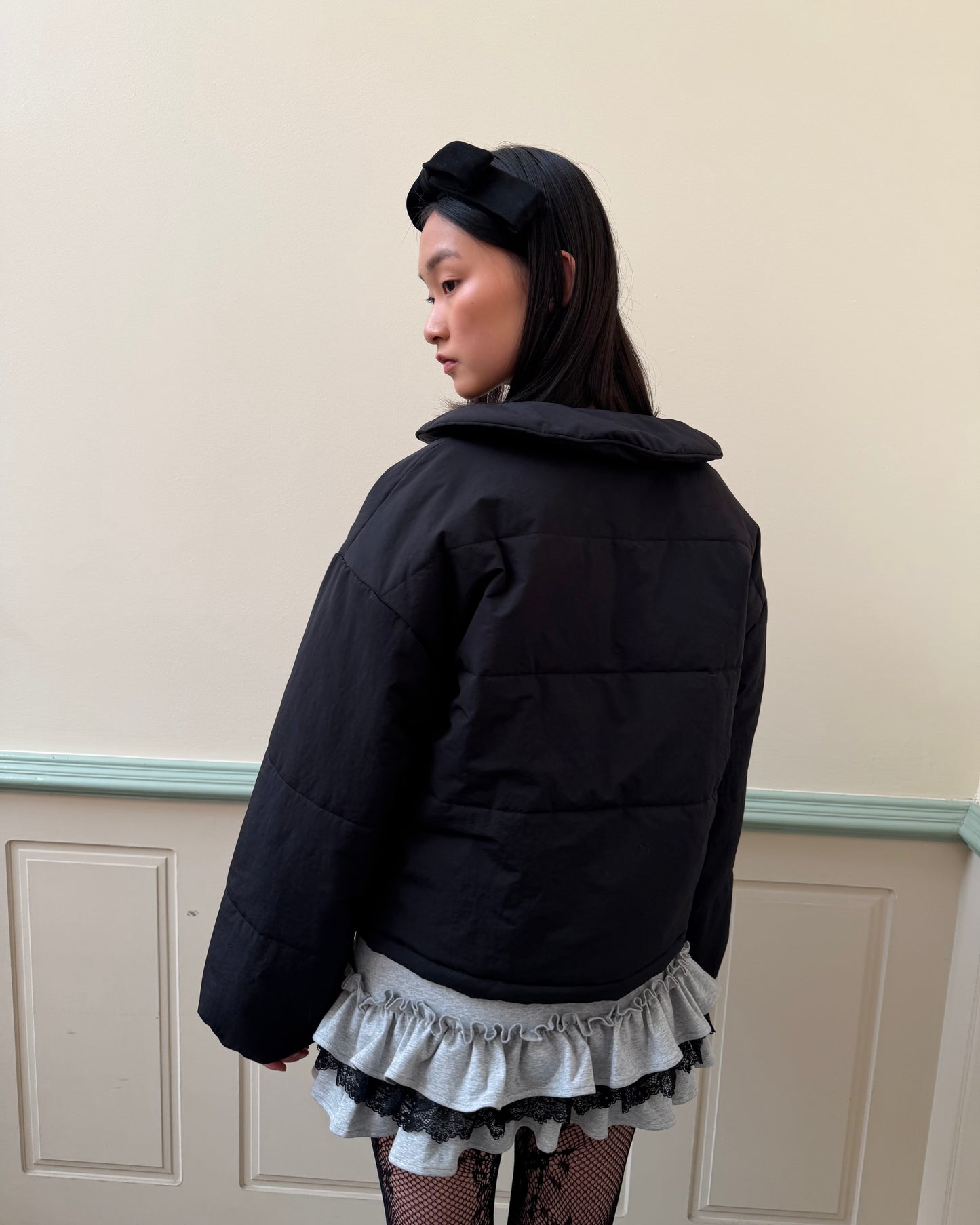 Rosette Puffer Jacket - Black