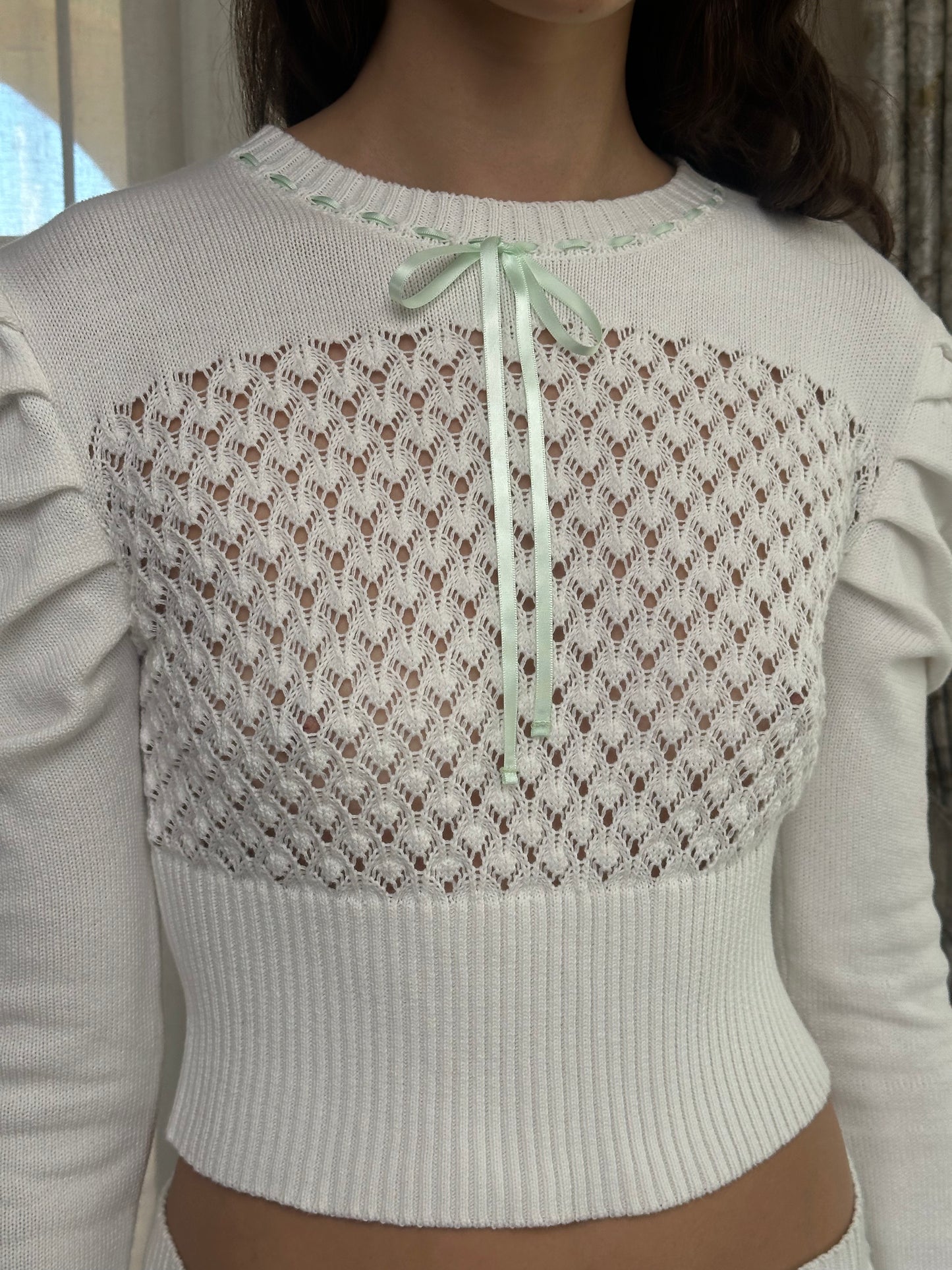 Laceweave Ribbon Puff Sweater - White