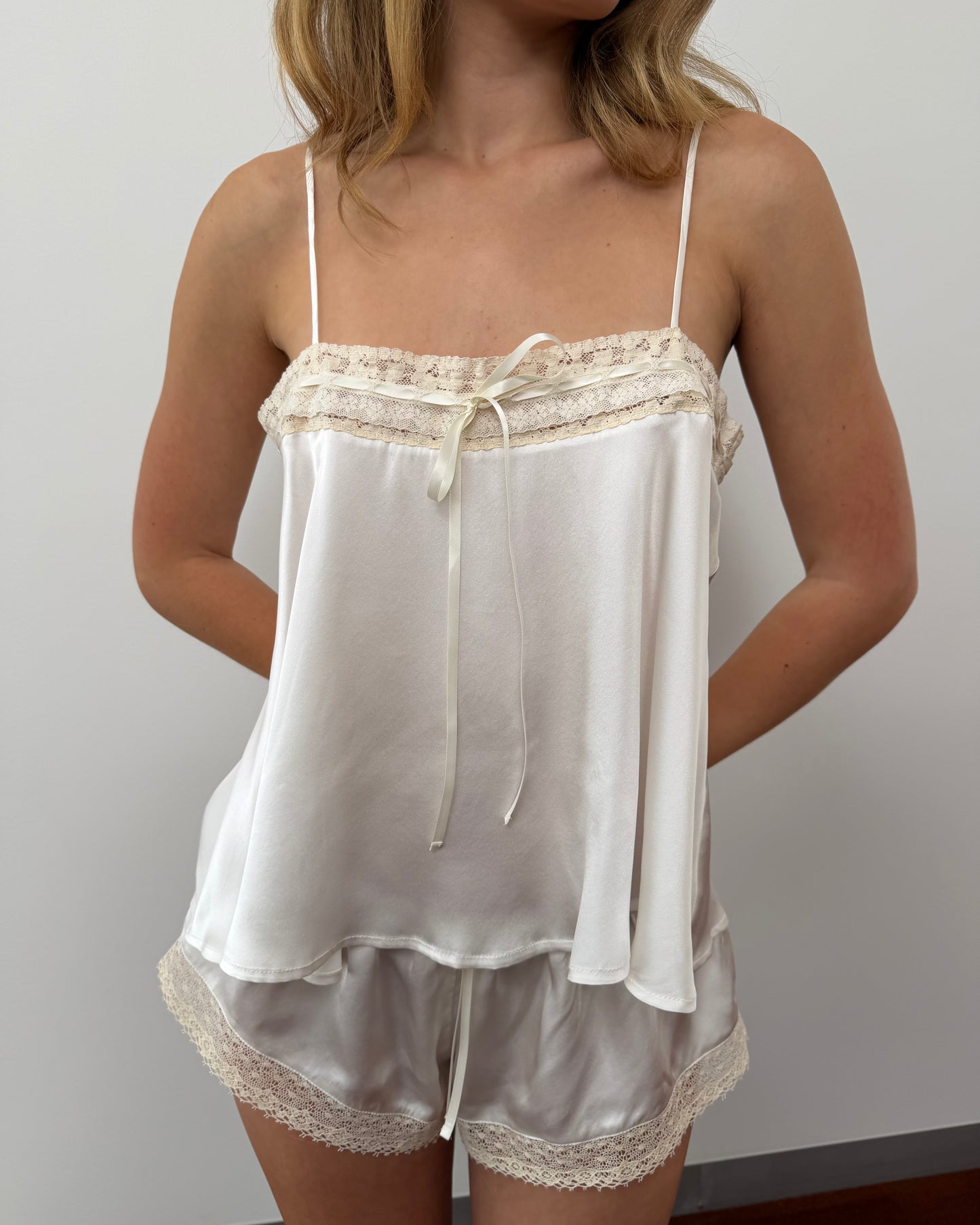 Tops: Lace Ribbon Cami - White Silk - My mum made it – MY MUM MADE IT