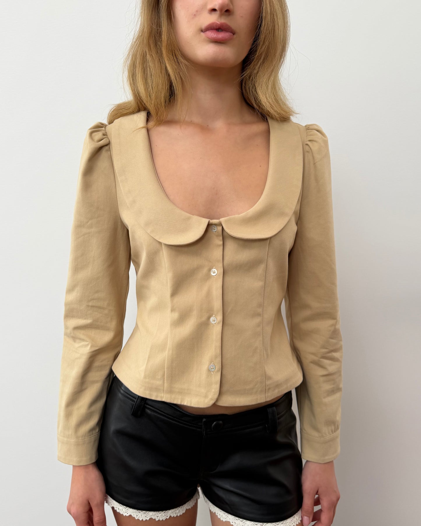 Curved Collar Button Shirt - Fawn