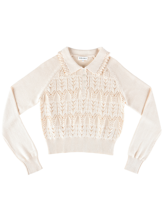 Buttoned Lace Knit Pullover - Porcelain