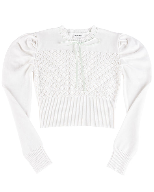 Laceweave Ribbon Puff Sweater - White