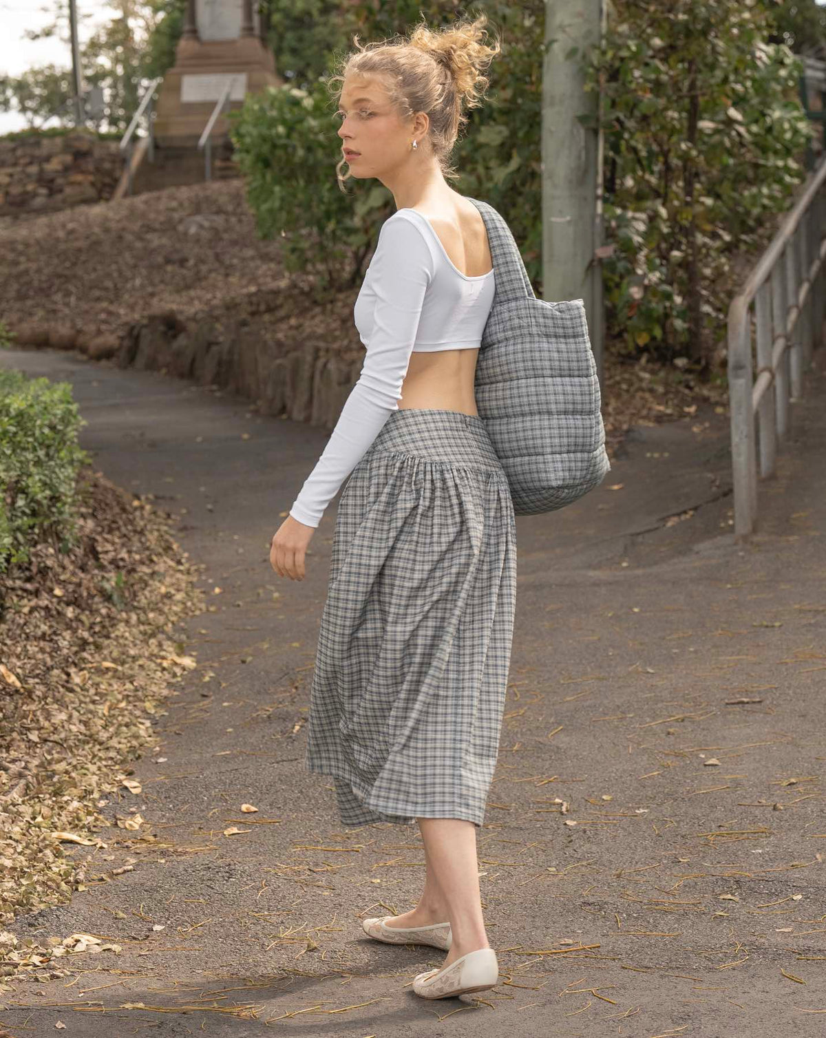 Flannel Quilted Tote Bag - Faded Blue Check