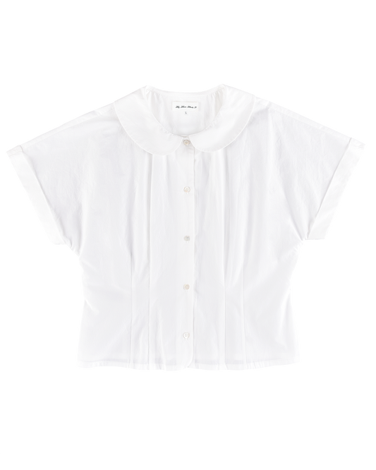 Curved Collar Cap Sleeve Shirt - White