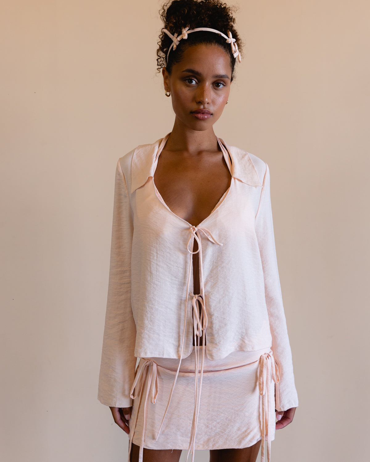 Tie Front Chiffon Blouse - Baby Pink