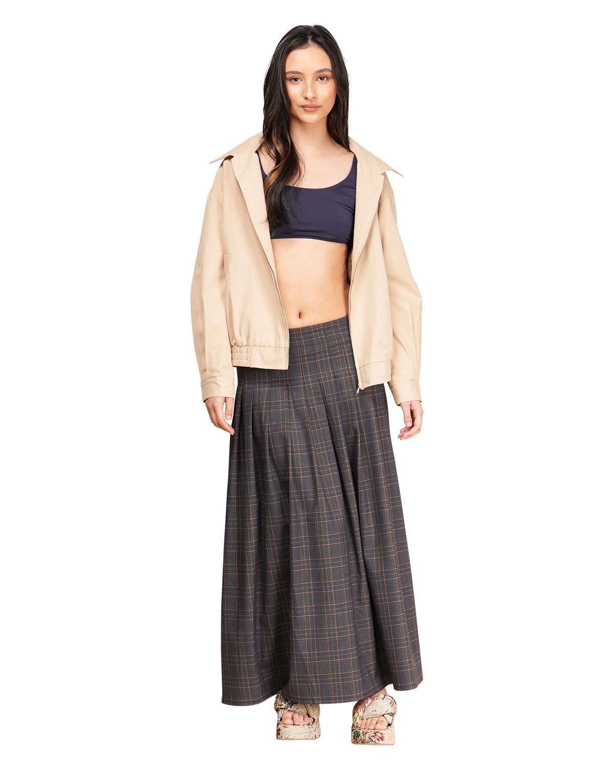Pleat Tartan Maxi Skirt