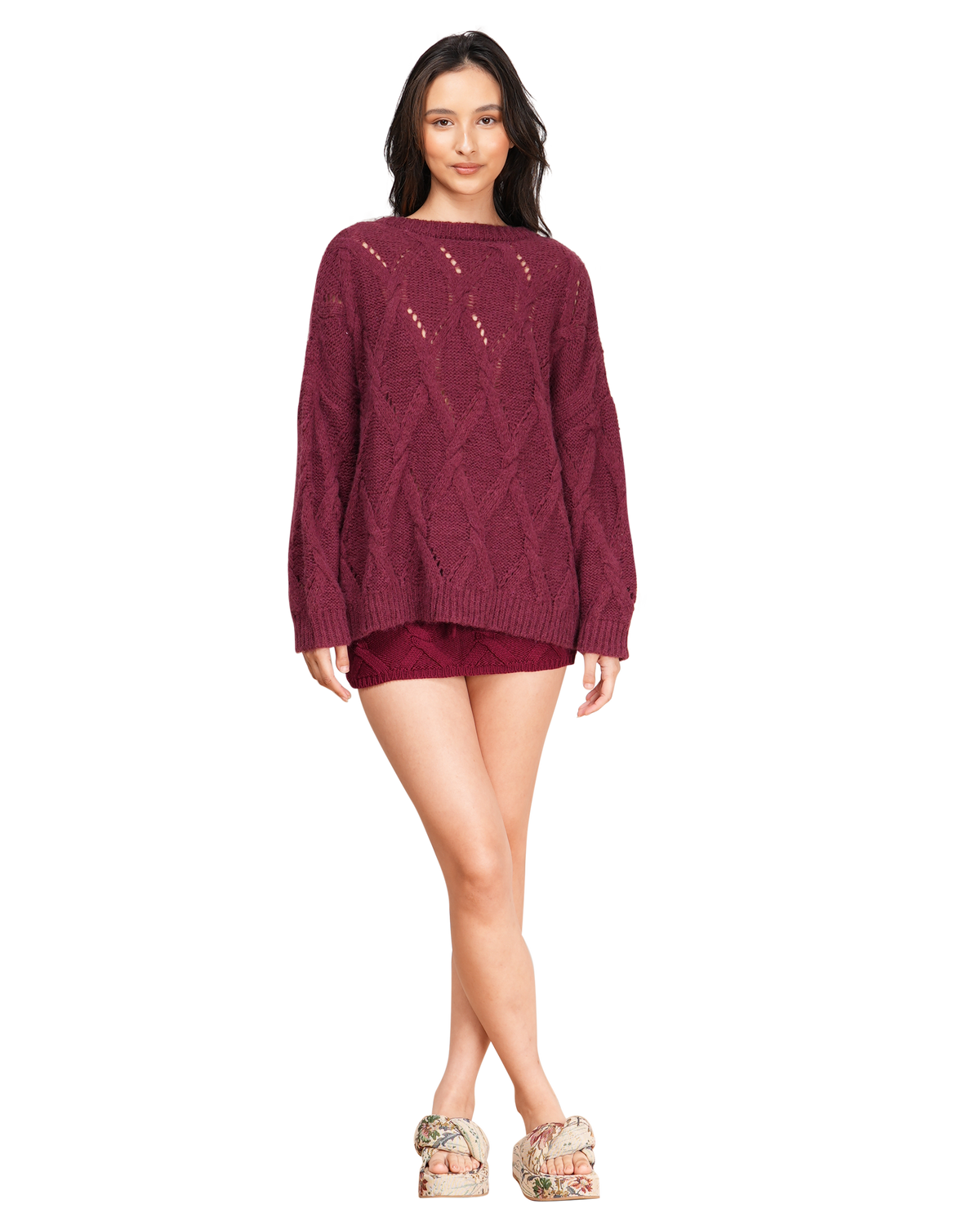 Cable Knit Recycled Cotton Skirt - Wine