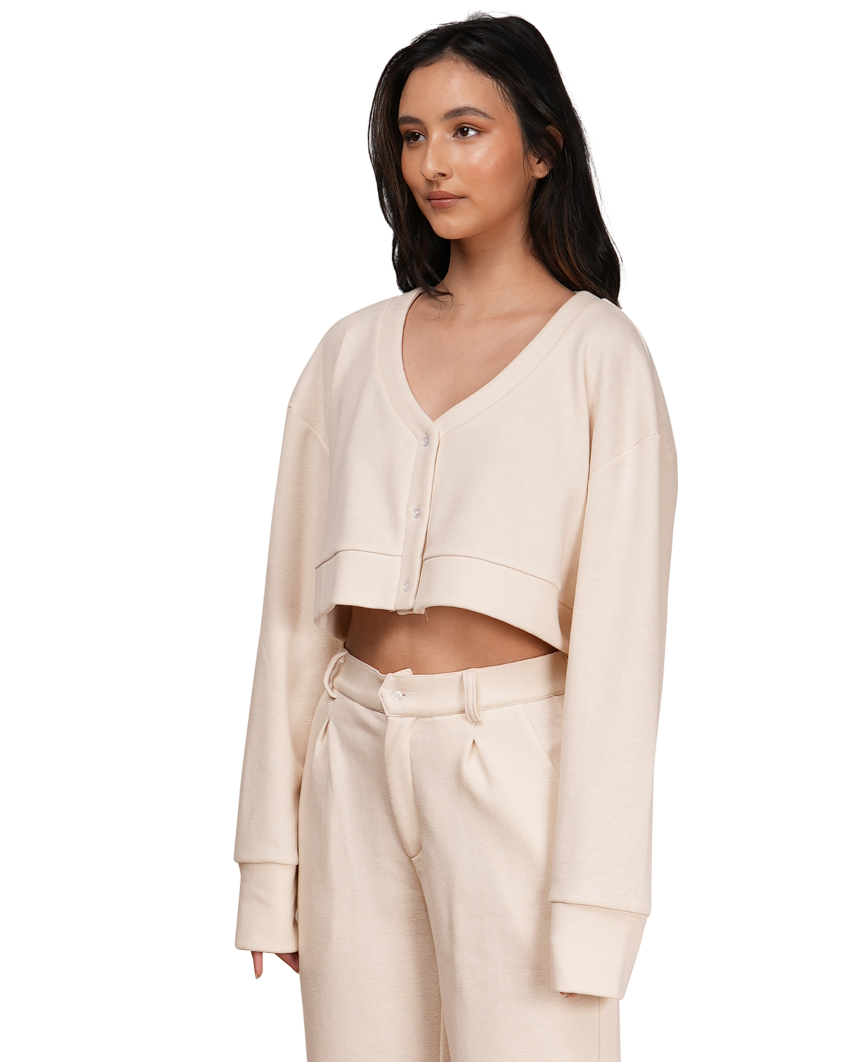 Cropped V Neck Cardigan - Cream
