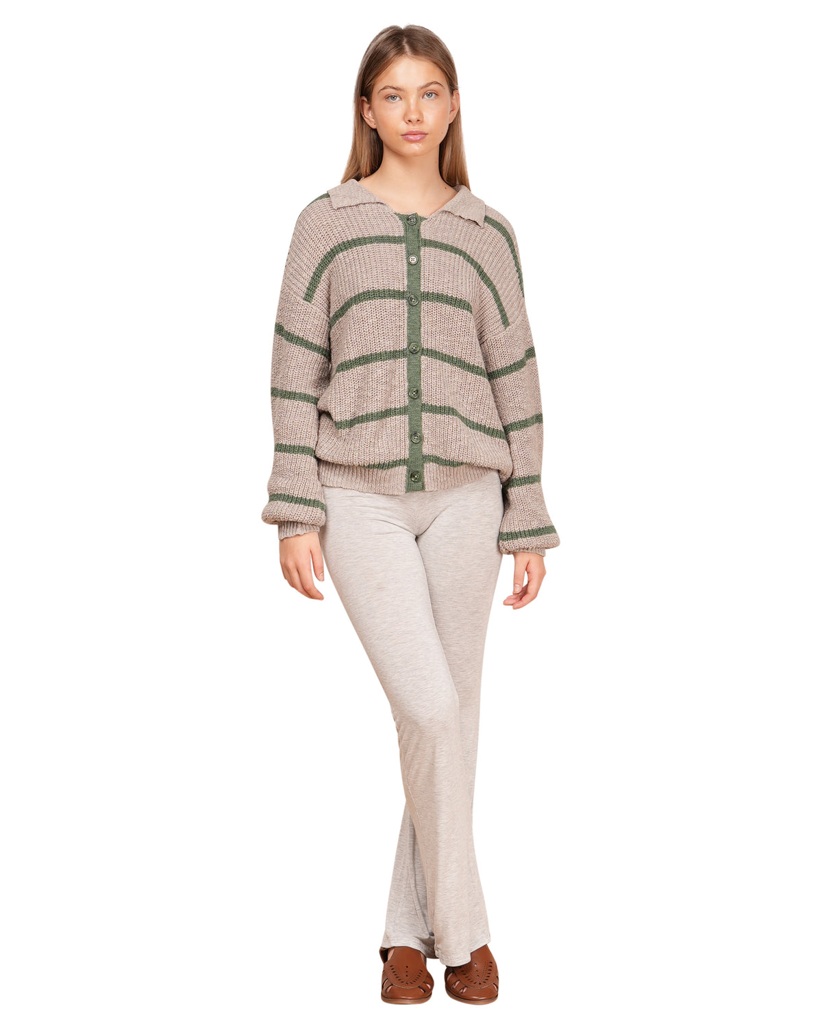 Knit Stripe Polo Jumper - Green Grey