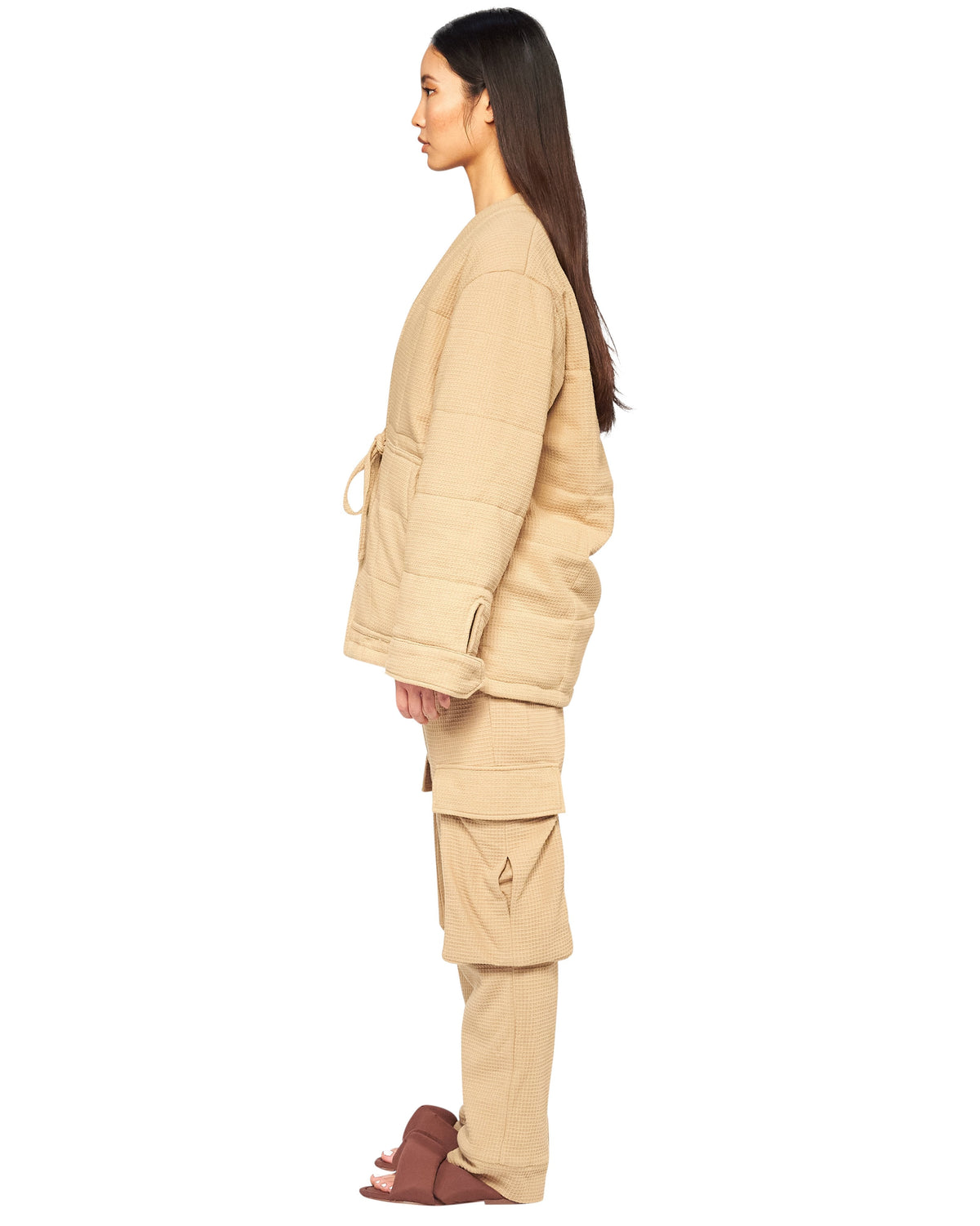 Front Tie Waffle Jacket - Nutmeg