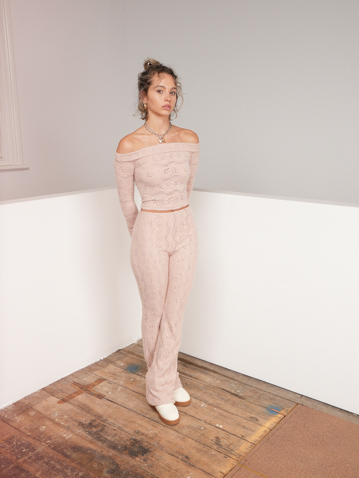 Lace Flower Flare Pants - Rose