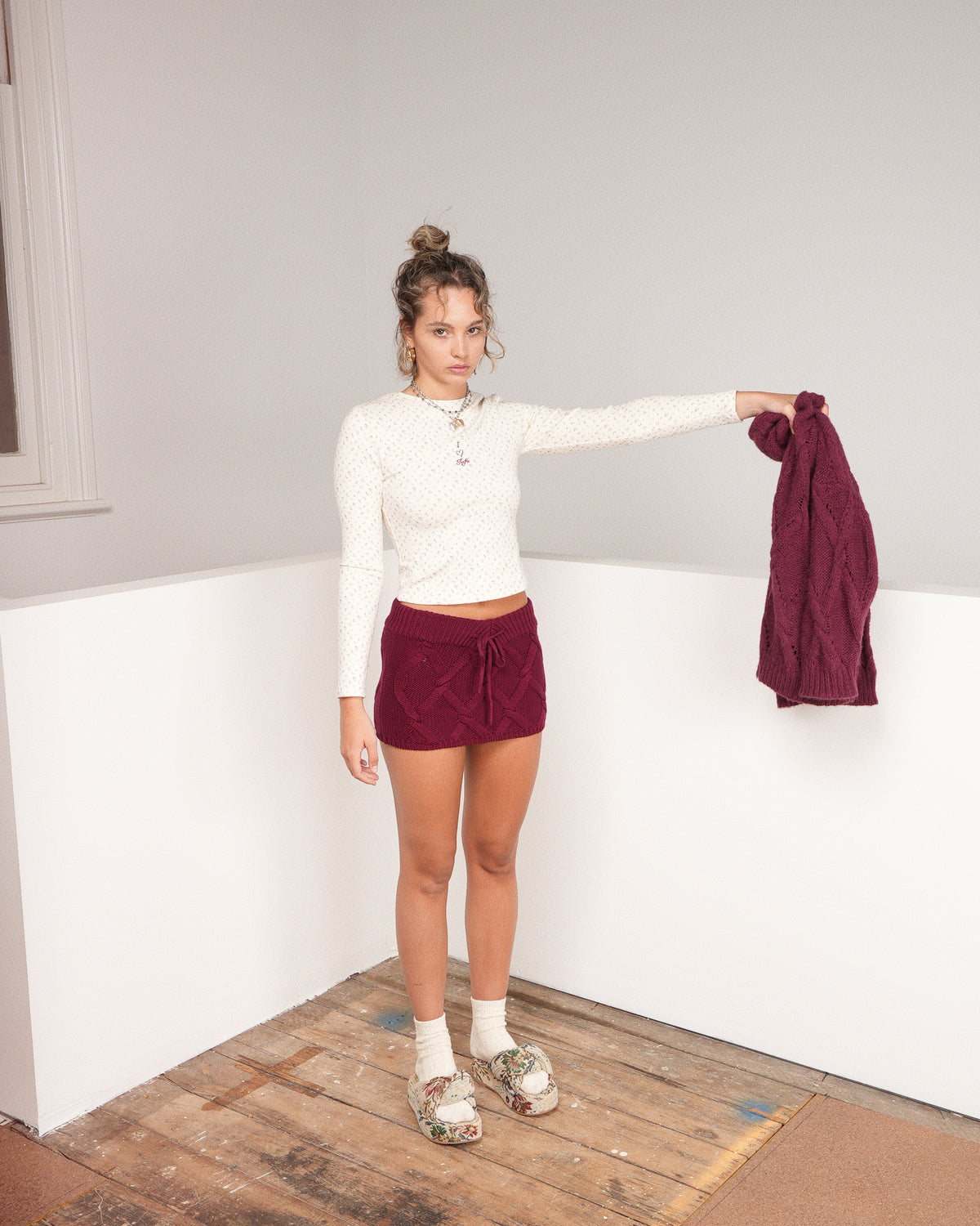 Cable Knit Recycled Cotton Skirt - Wine
